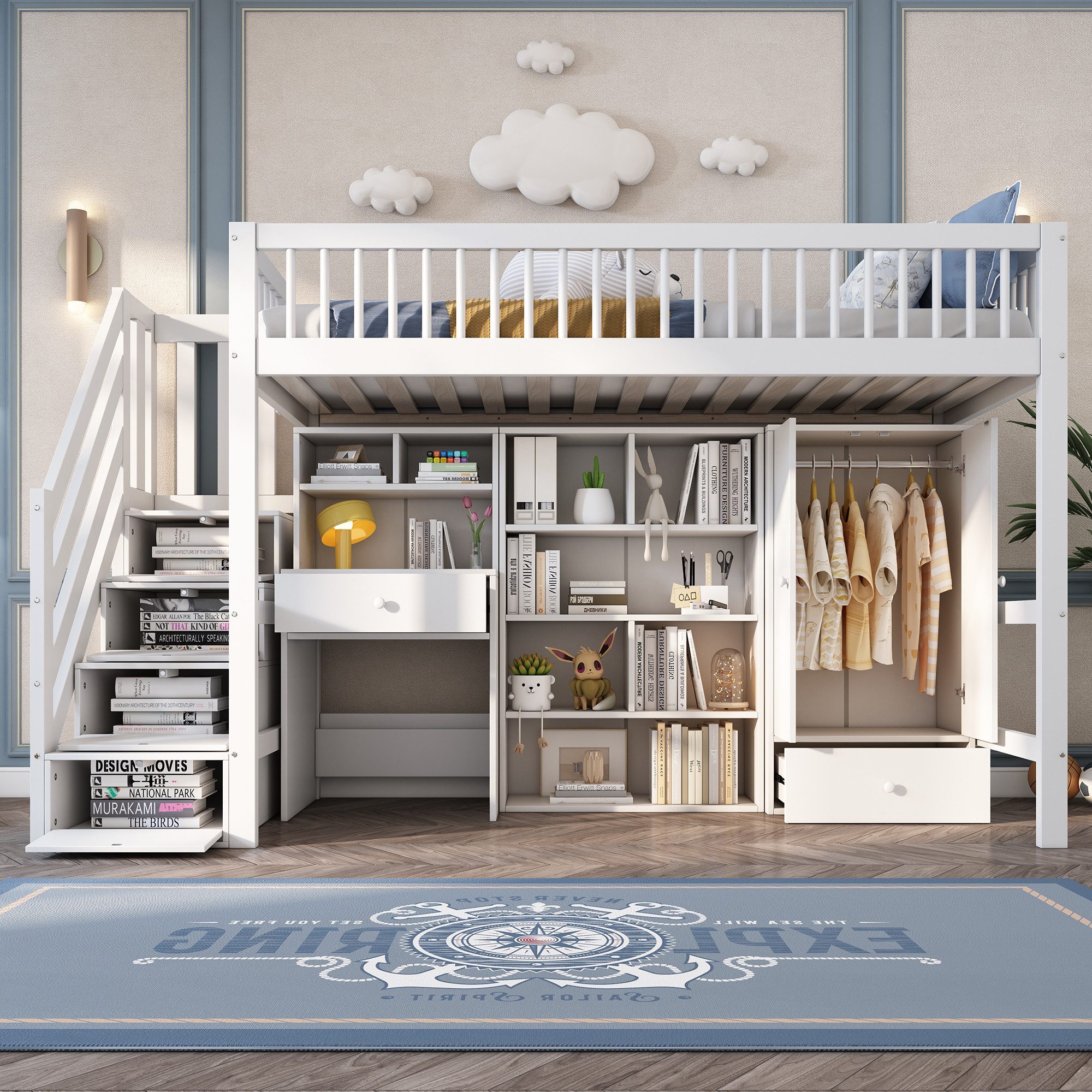 OKWISH Etagenbett Jugendbett Kinderbett (ohne Matratze, 90*200), Mit Schreibtisch, Treppe, Schließfächern, Kleiderschrank