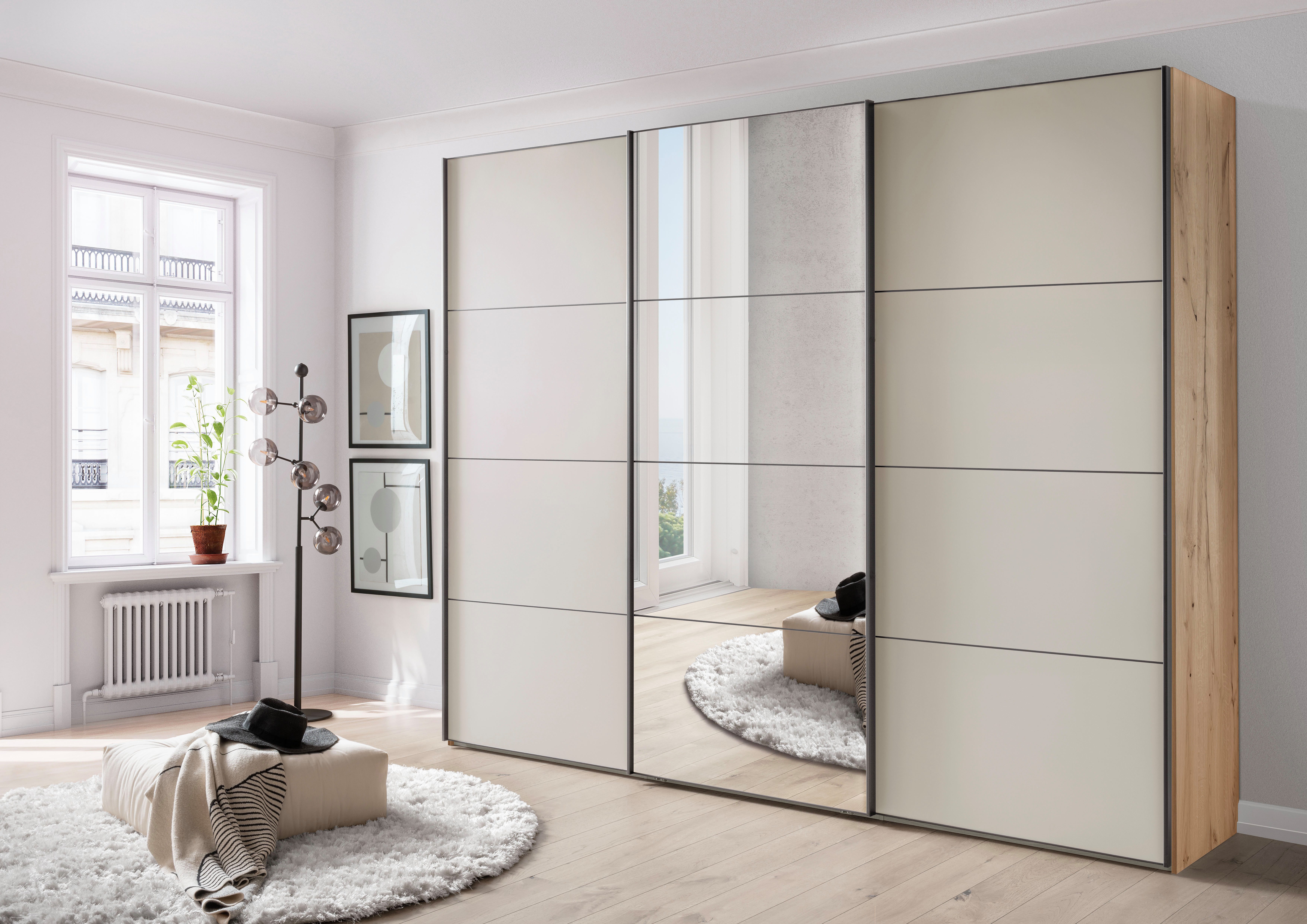 WIEMANN Schwebetürenschrank Phoenix, Made in Germany, modernes Design, Highlight, Blickfang (Viele Farbkombinationen, in 4 Breiten und in 2 Höhen erhältlich) maximaler Staurraum, inkl.Einlegeböden, Wäscheböden u. Dämpfer
