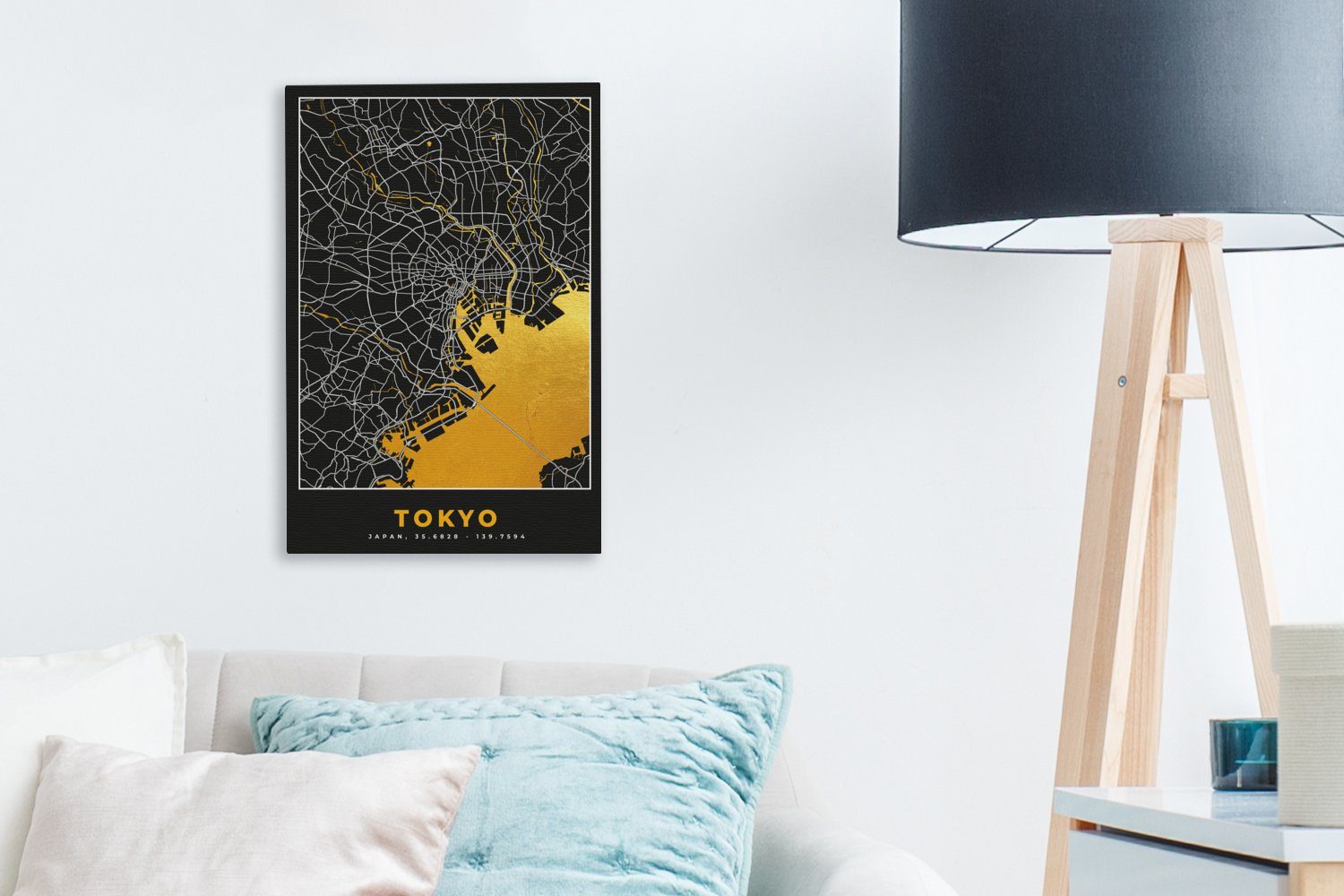 inkl. - cm St), Karte, fertig Gold OneMillionCanvasses® Leinwandbild - Gemälde, - (1 bespannt Zackenaufhänger, Stadtplan Leinwandbild Tokio 20x30