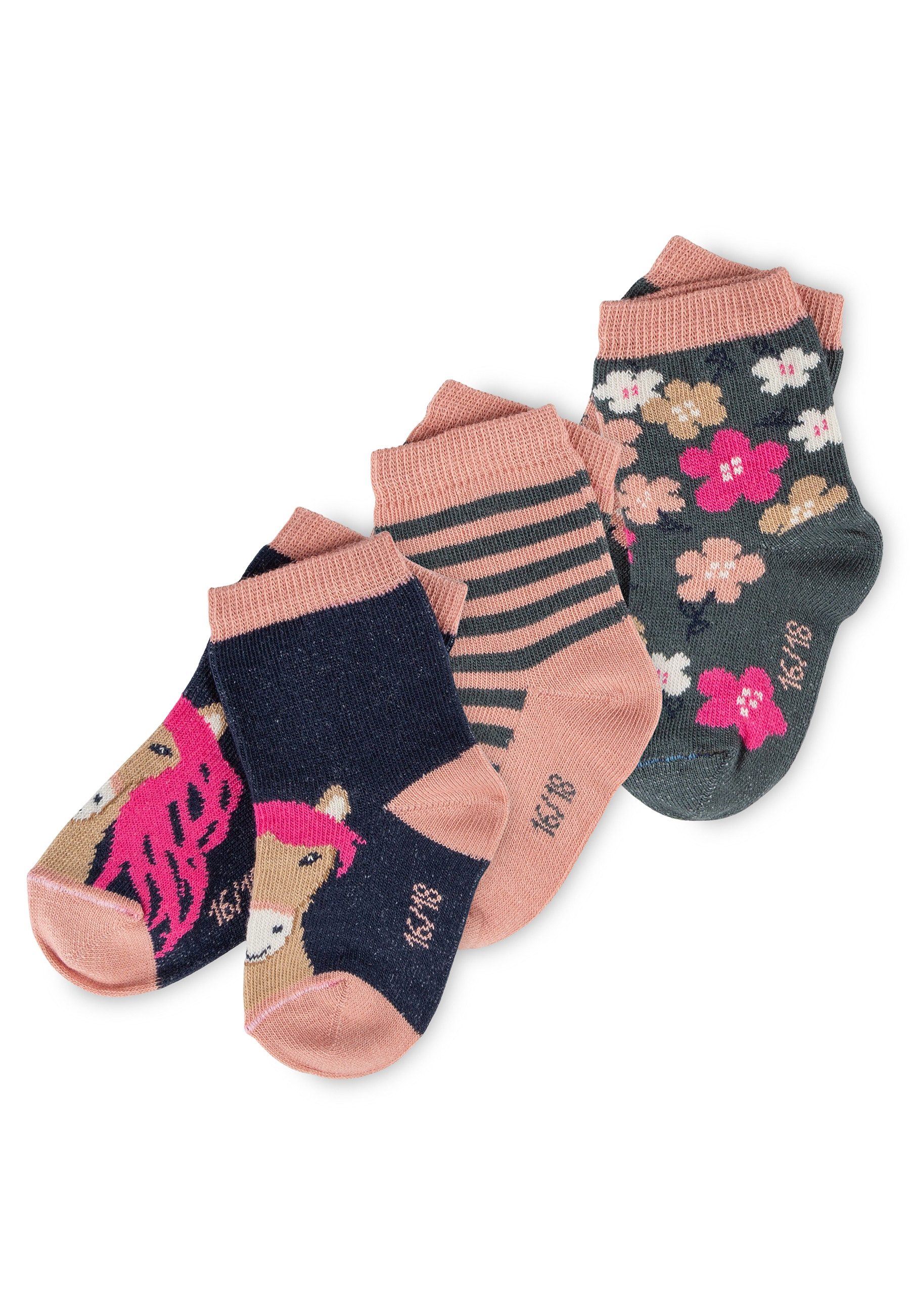 Sigikid Socken 3er Set geringelt/Blüten/Pferd Pony Love für Babys (3-Paar)