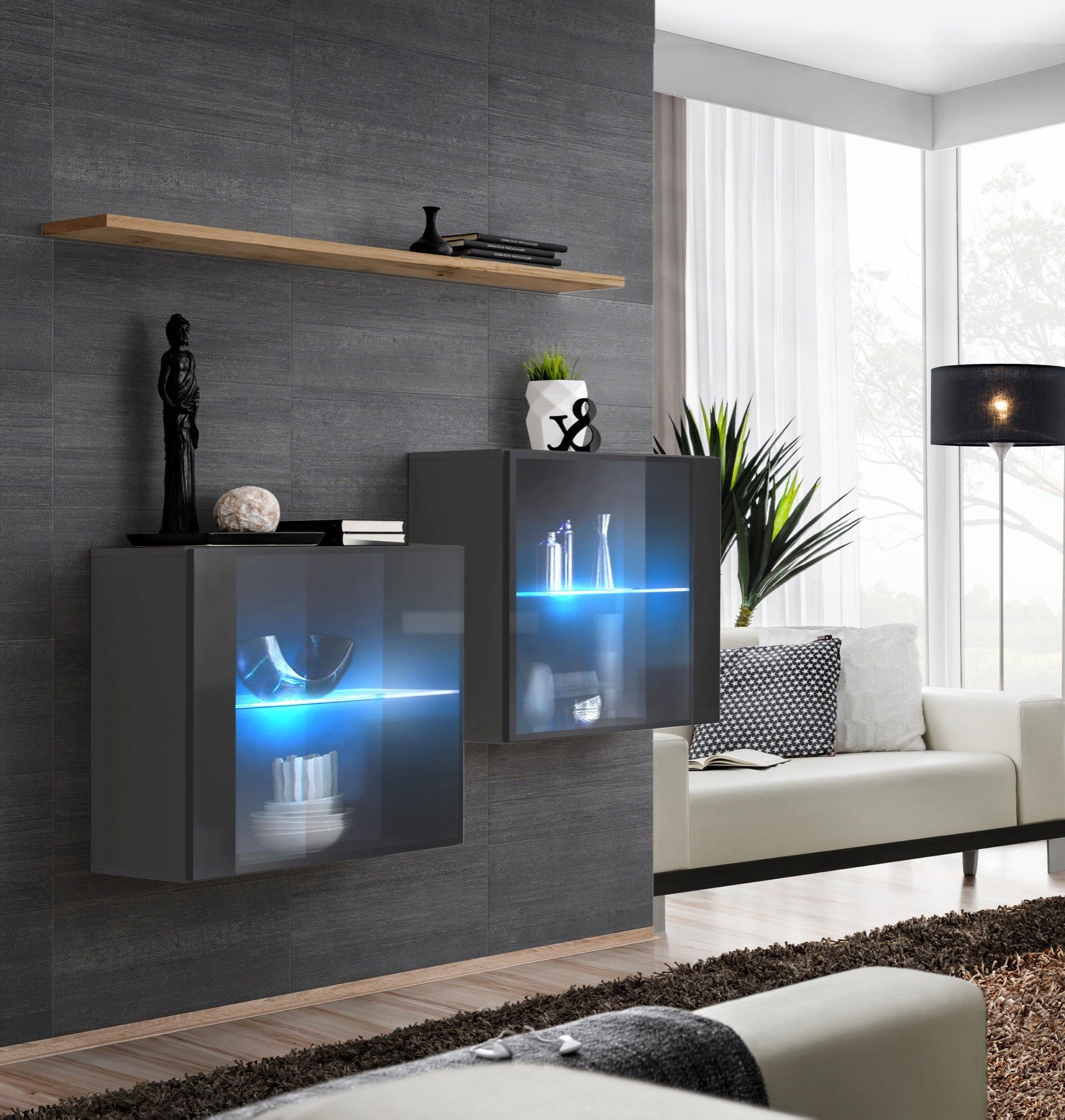 Xlmoebel Wohnwand Designer Wohnset Grau 130 cm Luxus Wand Regal für Wohnzimmer, Made in Europa