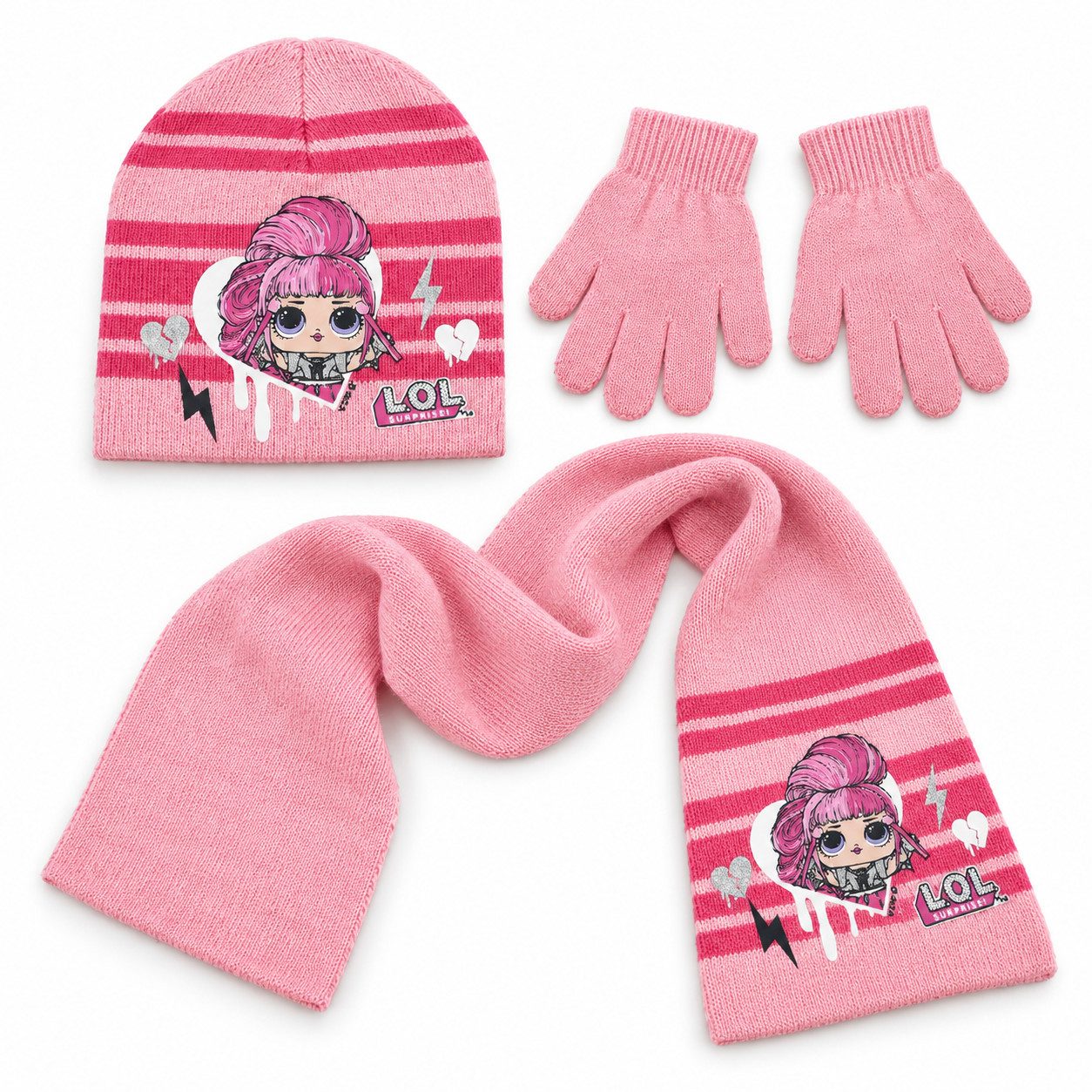 L.O.L. SURPRISE! Ballonmütze LOL Surprise - Kinder 3tlg. Winter Set Mütze Schal Handschuhe (Spar-Set, 3-St) Gr. 52 bis 54