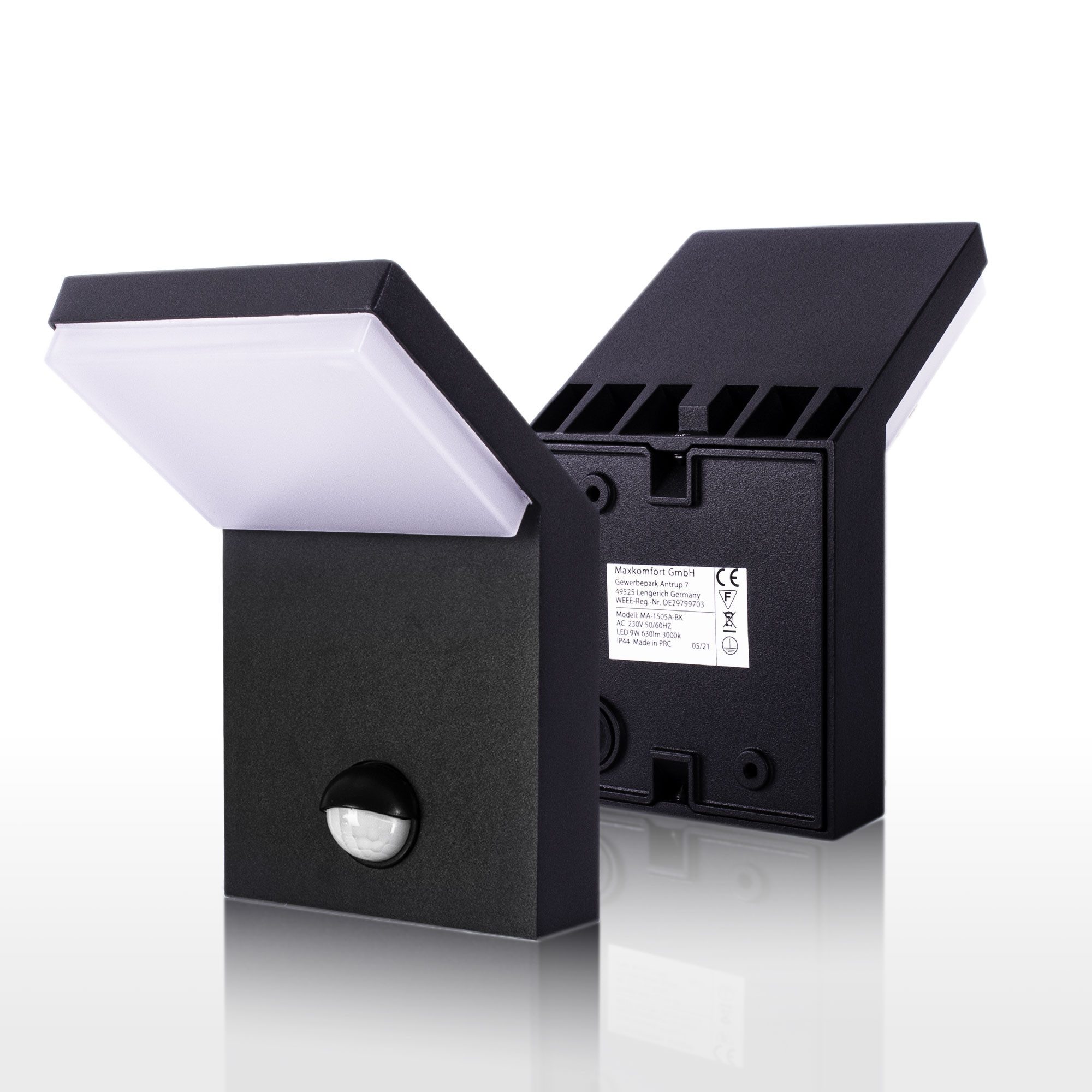 Maxkomfort LED Außen-Wandleuchte mit/ohne Bewegungsmelder - Wandlampe 9W Warmweiß 3000K IP44, mit Bewegungsmelder, LED fest integriert, Warmweiß, 3000K, Außenlampe für Hauswand, Eingang, Garage, Garten, Terrasse & Balkon