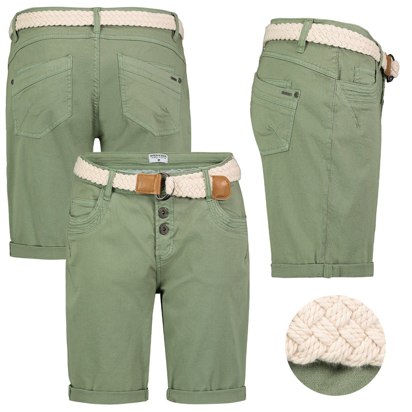 Stitch & Soul Damen Bermuda Shorts - Mit Gürtel & Gesäßtaschen