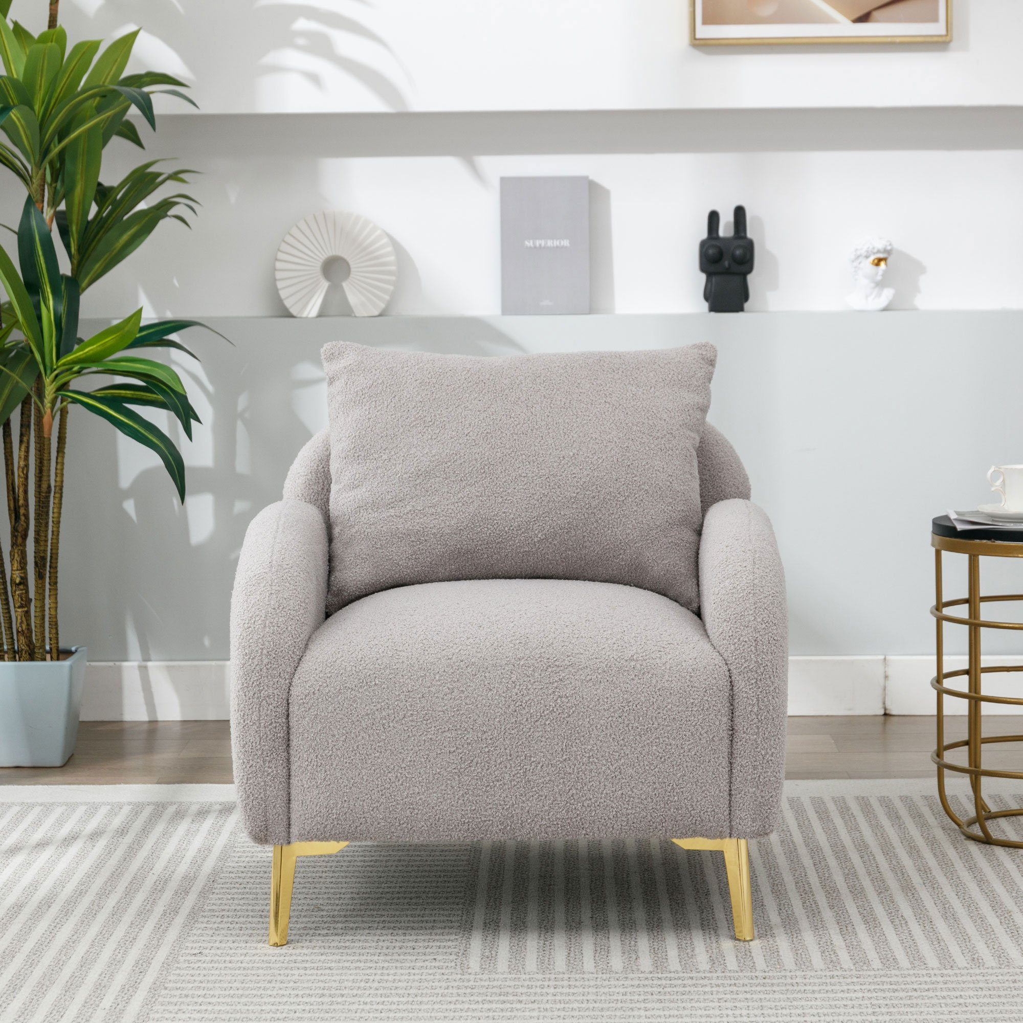 Metallbeine Loungesofa, mit Teddystoff, Rückenkissen, Relaxsessel goldenen Grau Sessel und Einzel Merax Loungesessel