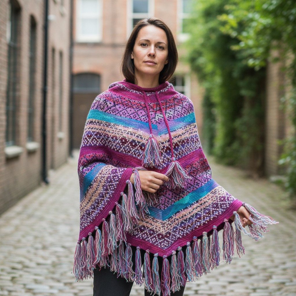 Guru-Shop Langjacke Gestrickter Poncho, Wollponcho - pink