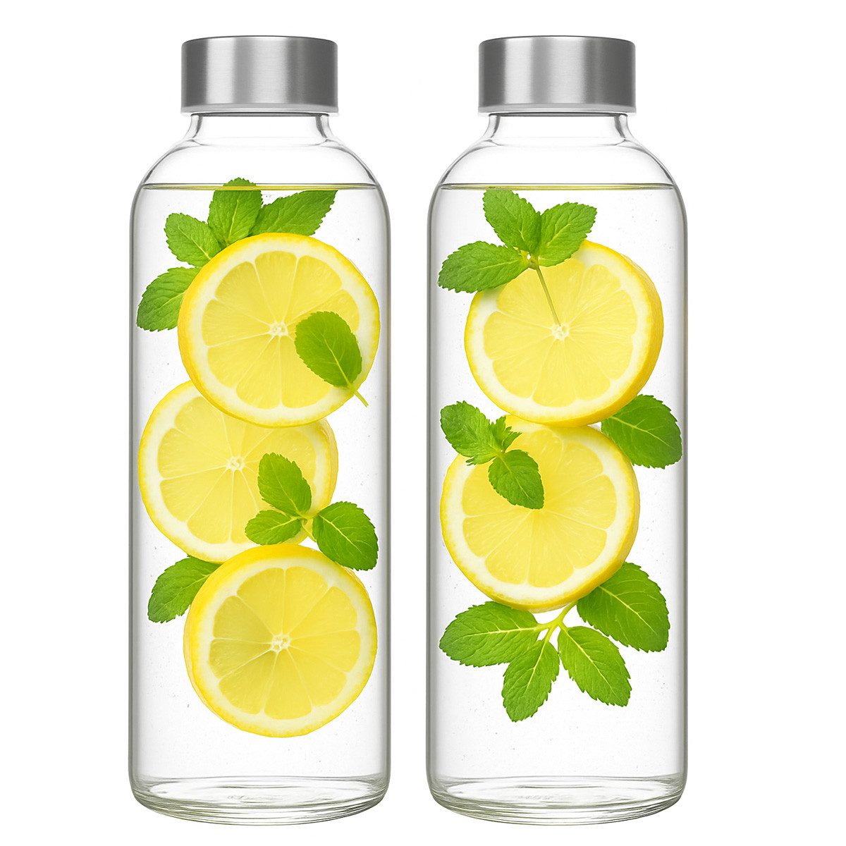 mixed24 Trinkflasche 2x Trinkflasche aus Glas 1 Liter Edelstahl Wasserflasche Glasflasche, auslaufsicher, Dichtung aus Silikon