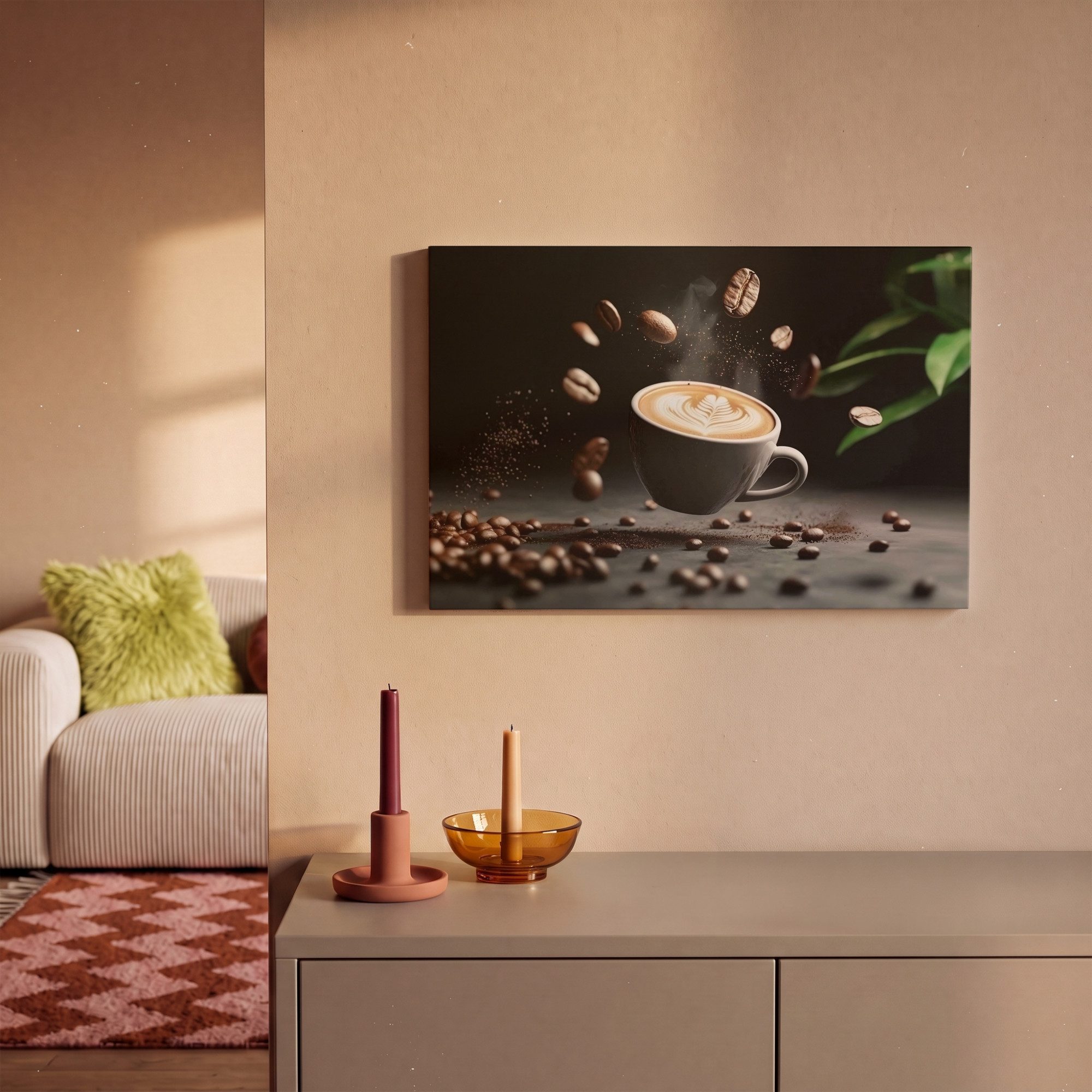 OneMillionCanvasses® Leinwandbild Cappuccino - Tasse - Bohnen - Braun, Fotodruck (1 St), Wandbilder für Esszimmer, Wanddeko Bilder Küche, 20x20 cm – Bild 2 von 5