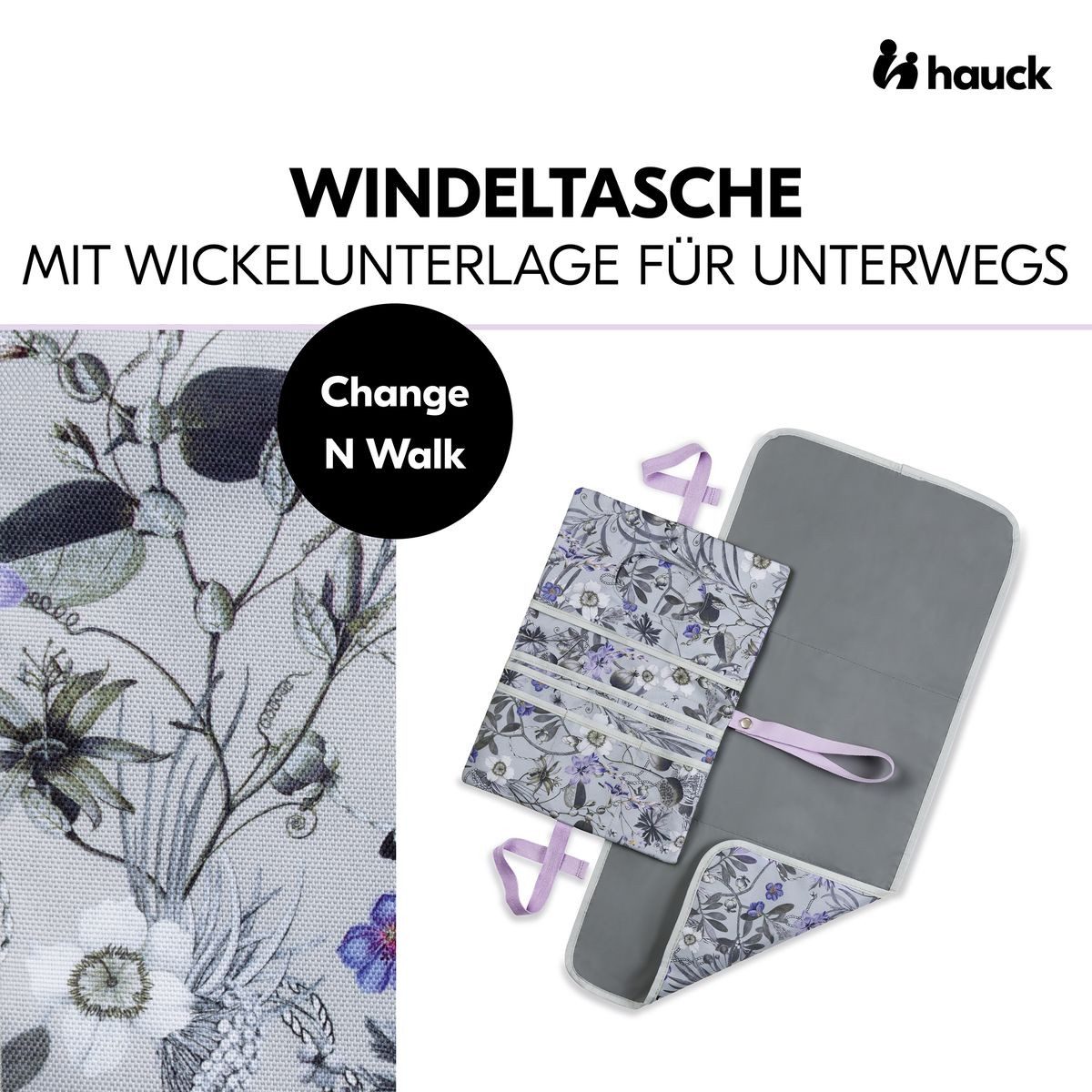 Hauck Wickeltasche Change N Walk - Floral Grey, Windeltasche mit Wickelunterlage, Organizer, Wickeltetui mit Schlaufe