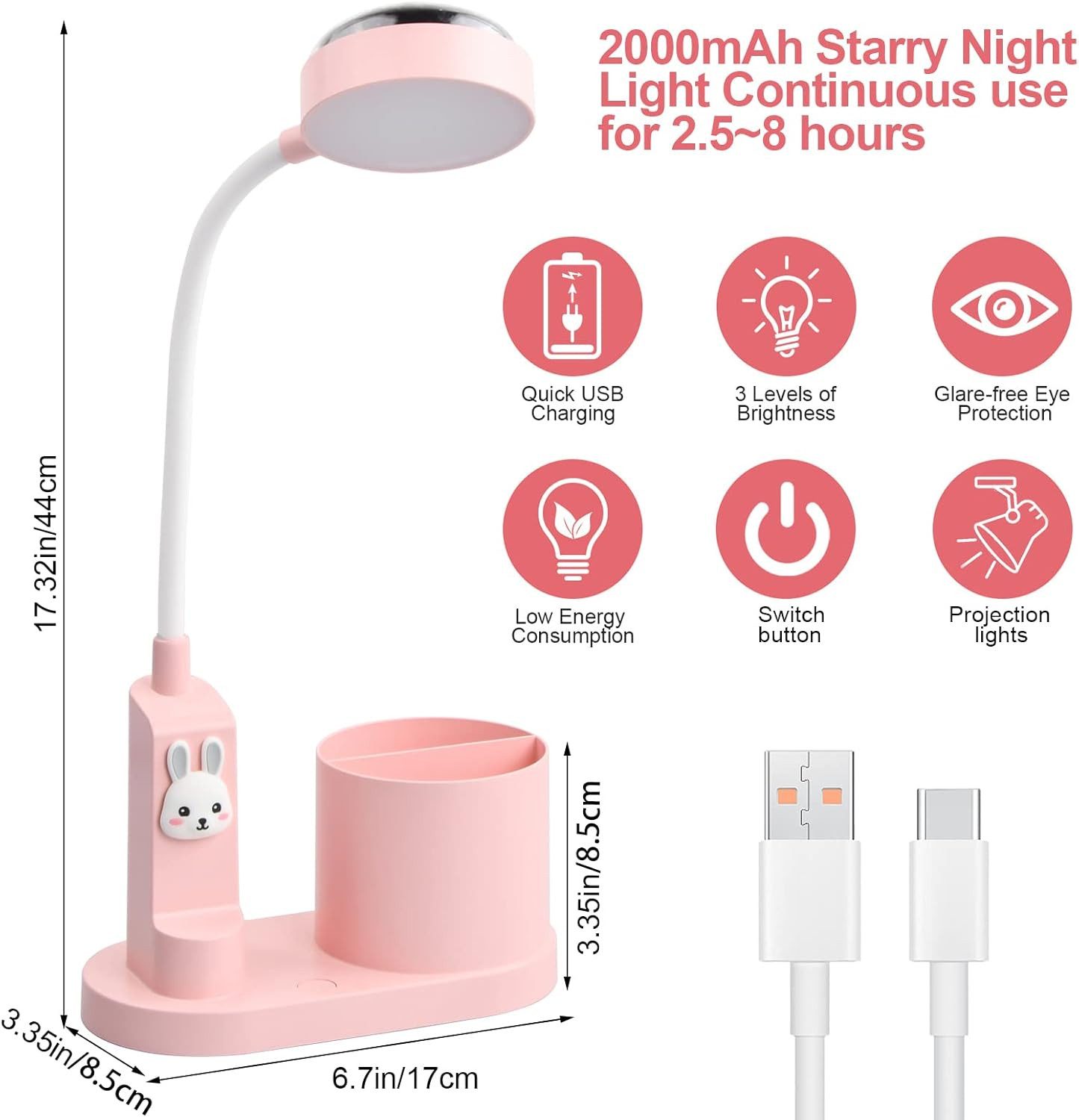 Ophy LED Schreibtischlampe 2-in-1 LED Schreibtischlampe mit Stifthalter – dimmbar, Farbwechsel, verstellbar, mit Projektion – mehrere Helligkeiten