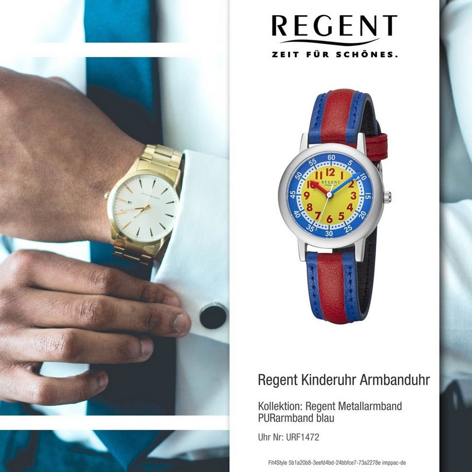 Regent Quarzuhr Regent Kinderuhr Armbanduhr Analog, Kinderuhruhr PURarmband  blau, rot, rundes Gehäuse, groß (ca. 29,5mm)