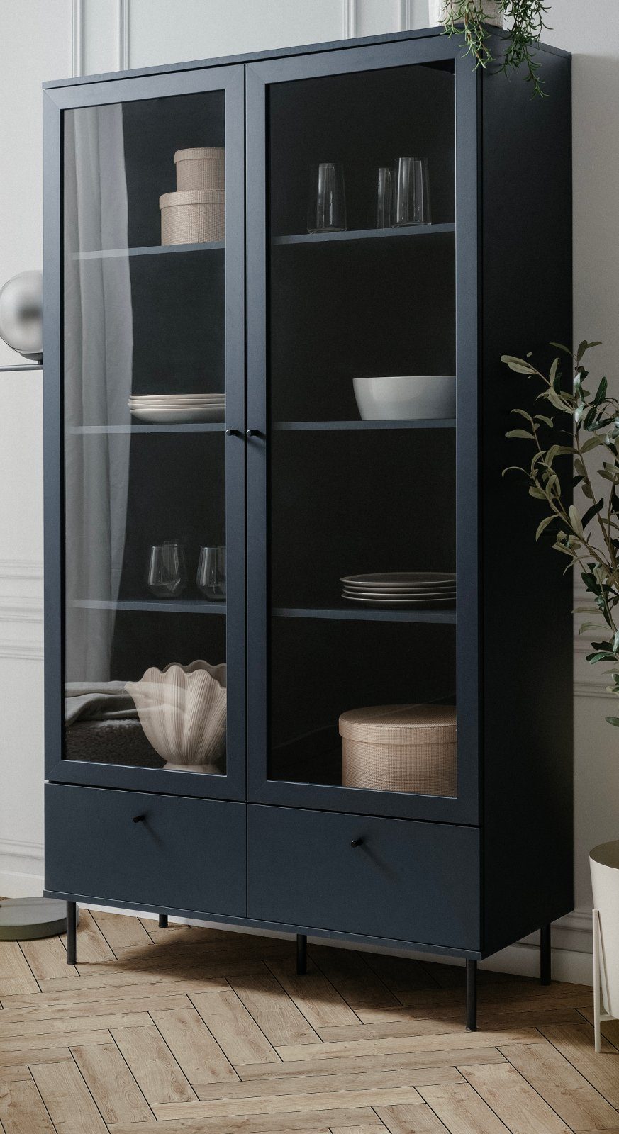 Finori Vitrine Caracas (Vitrinenschrank in dunklem blau, 100 x 183 cm) 8 Fächer und 2 Schubladen