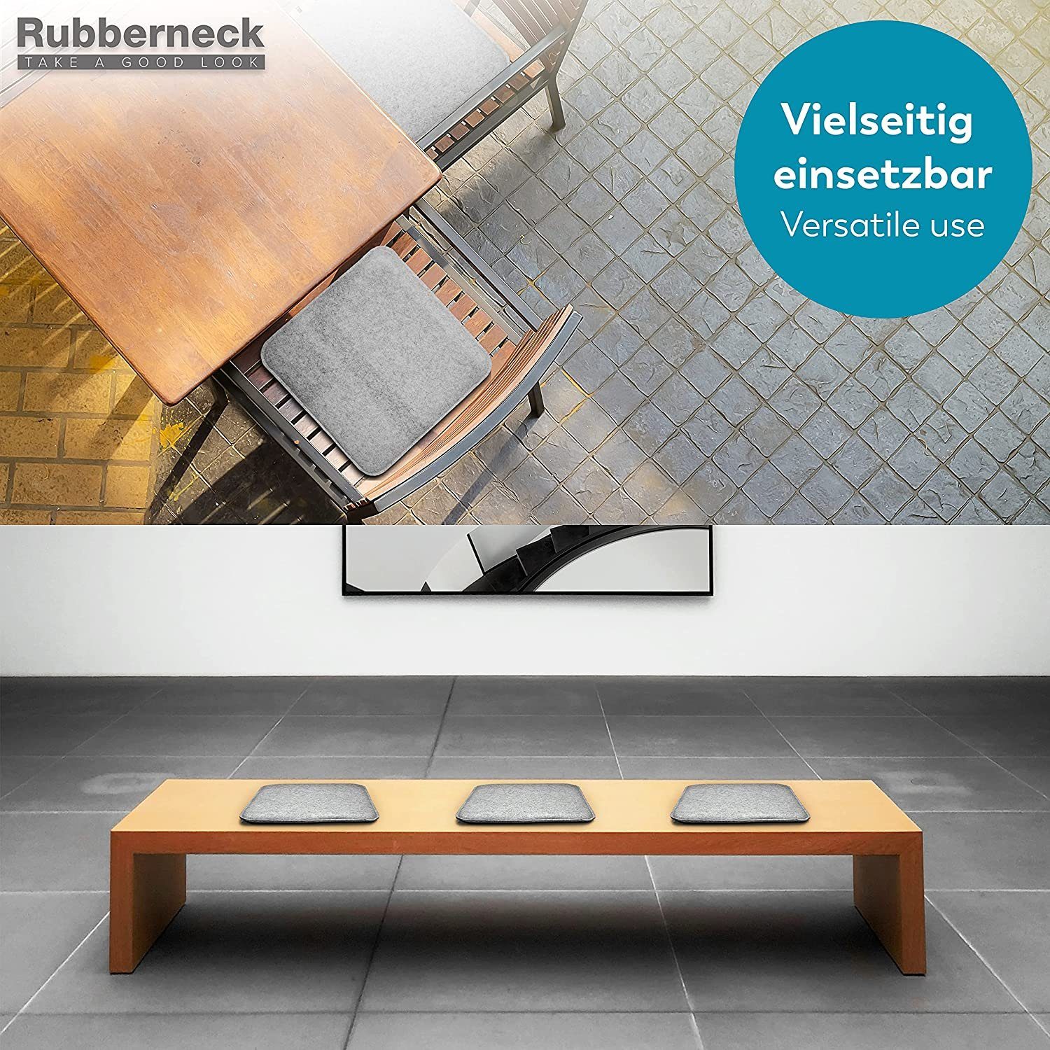 Stuhlkissen mit RUBBERNECK grau 30° (4 St), Rutschfeste Sitzkissen waschbar Auflagekissen Filz eckig, bei Antirutsch-Noppen,