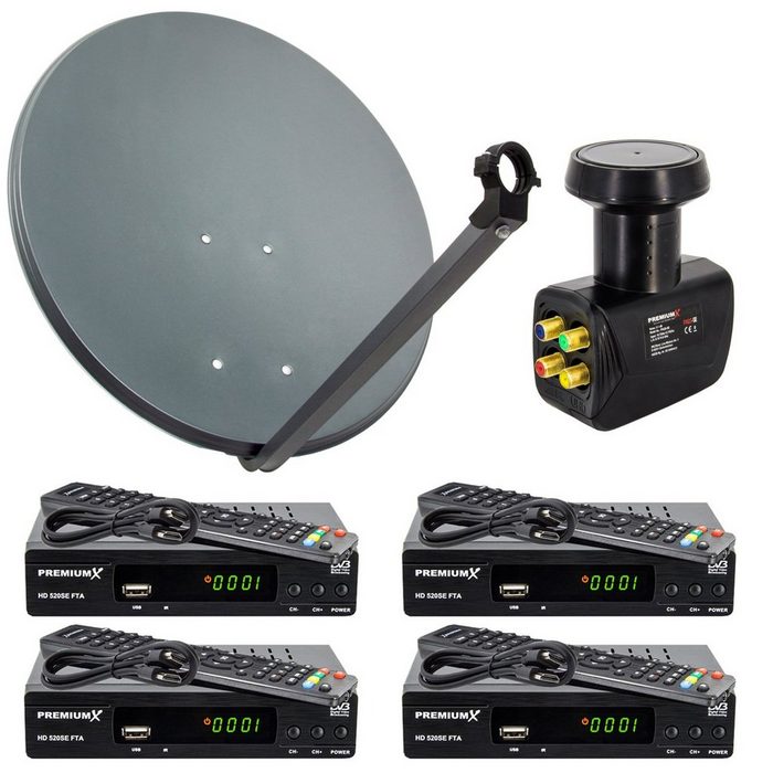 PremiumX Satelliten-Komplettanlage 4 Teilnehmer 80cm Satellitenschüssel SAT Quad LNB 4x HDTV Digital Receiver inkl. HDMI-Kabel SAT-Antenne