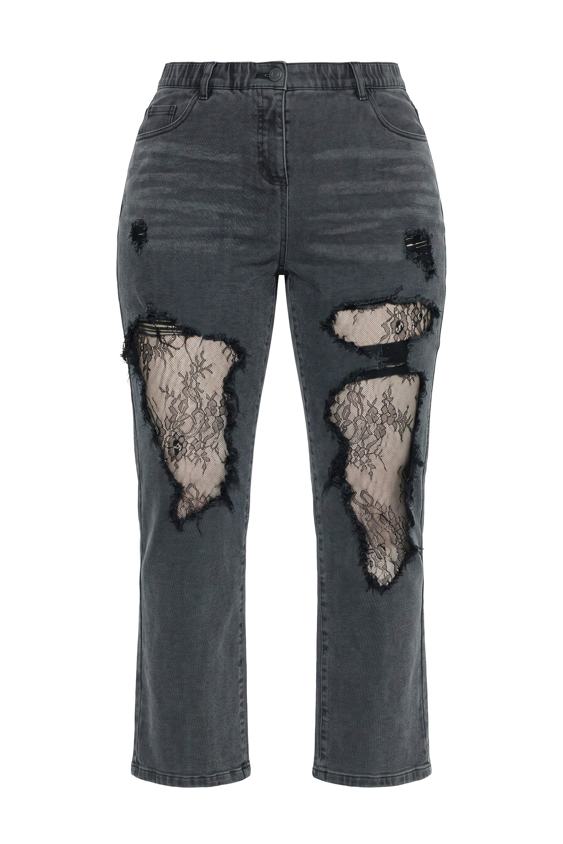 Ulla Popken 5-Pocket-Jeans Jeans Marie Spitze Destroy-Effekte High Waist – Bild 2 von 4