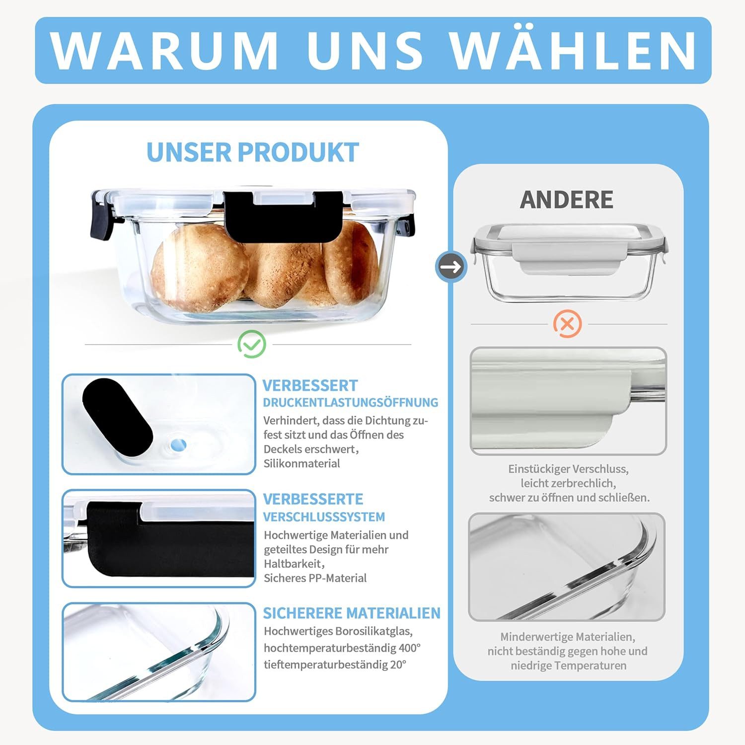 KingLux Frischhaltedose 3Stk. 800ml Vorratsdosen Glas Mit Deckel,Meal Prep Boxen,Glasbehälter, Borosilikatglas, (3-tlg) – Bild 2 von 5