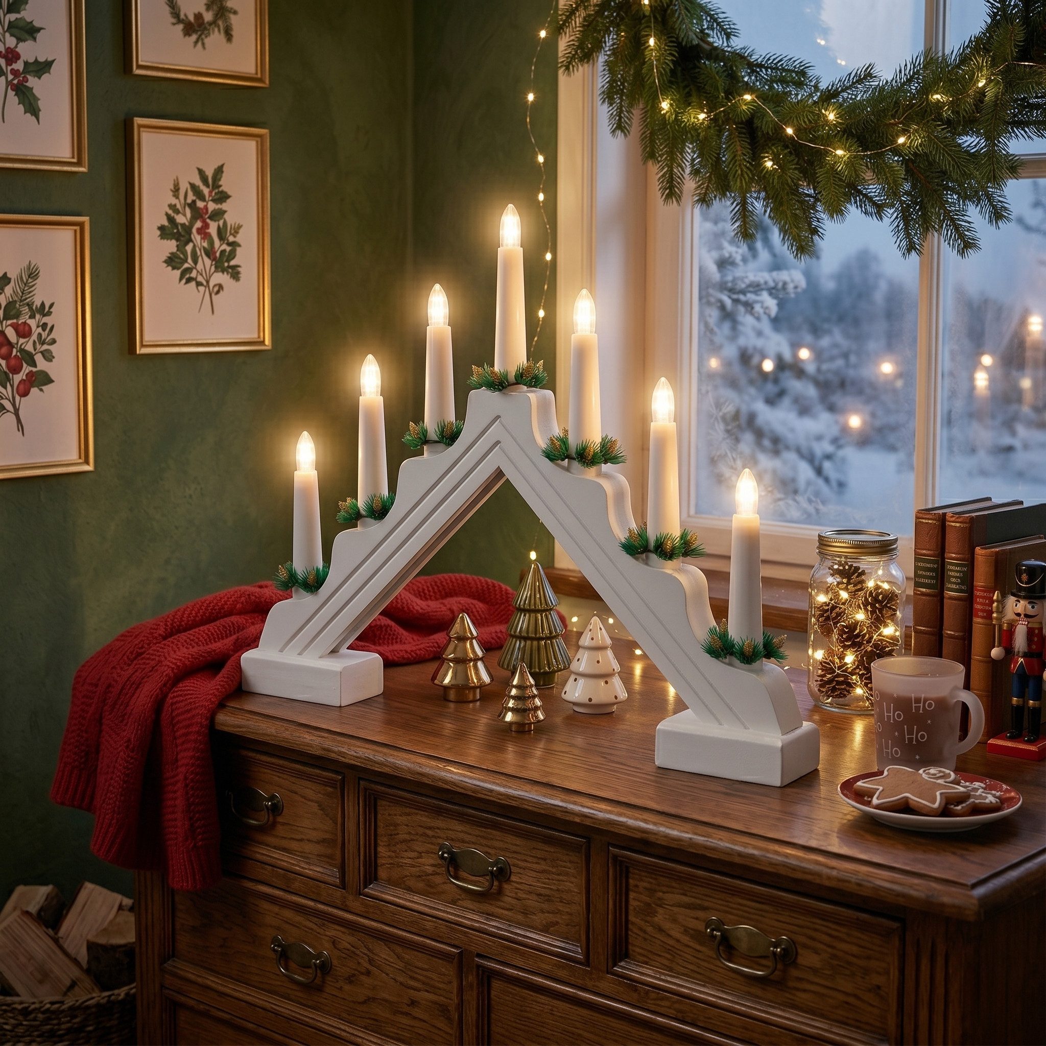 queence Weihnachtspyramide LED-Fensterdekoration Holz weiß mit Tanne, 40x32cm mit 7 Lichtern, Batteriebetrieben