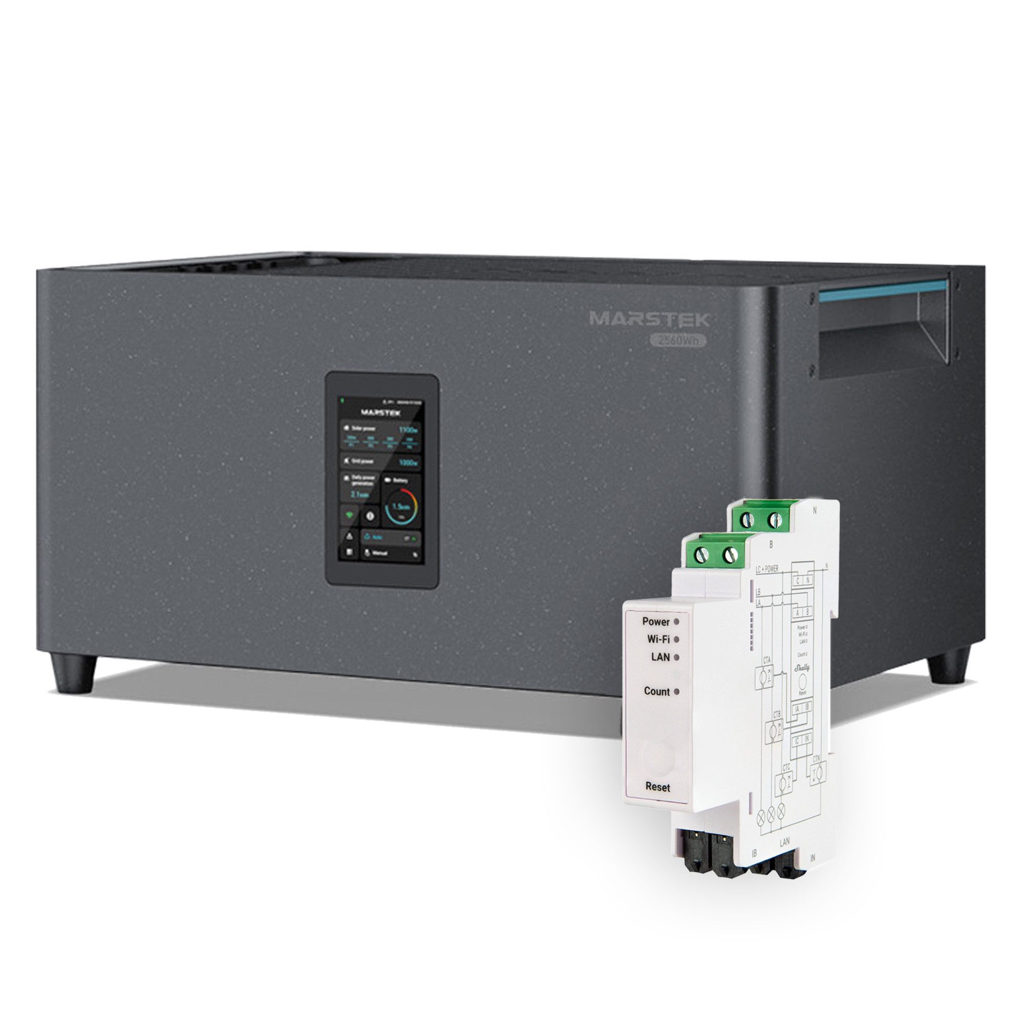 Marstek Jupiter C+ 2,56 kWh mit Shelly Pro 3EM 120A Stromspeicher Marstek Jupiter C Plus + Shelly Pro 3EM 120A Set 50000 mAh (230 V AC, 16–60 V PV V), All‑in‑One 2,56 kWh mit 4× MPPT, IP65 & Shelly Pro 3EM Smart Meter.