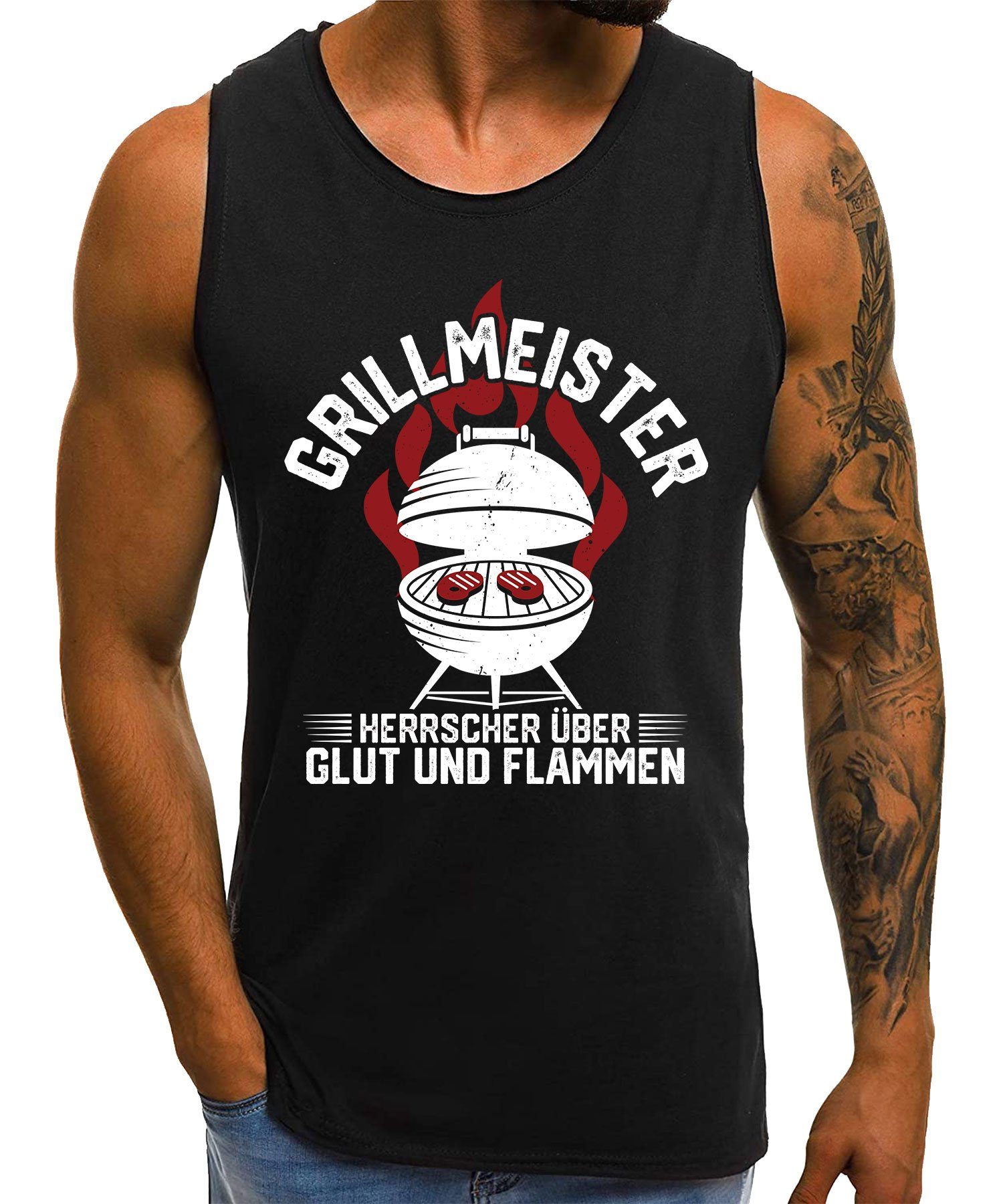 Spruch Grillmeister Flammen Formatee Glut Grillen - (1-St) Herren Lustiger Statement Achselhemd Quattro