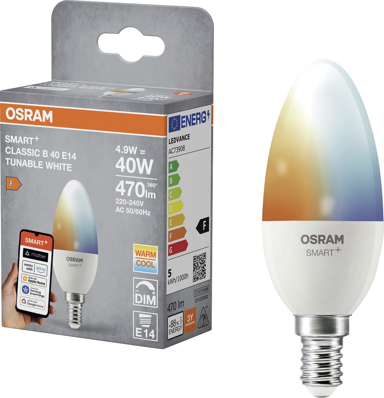 Osram LED-Leuchtmittel Osram SMART+ Matter Leuchtmittel E14 Classic 4.9W, Dimmbar