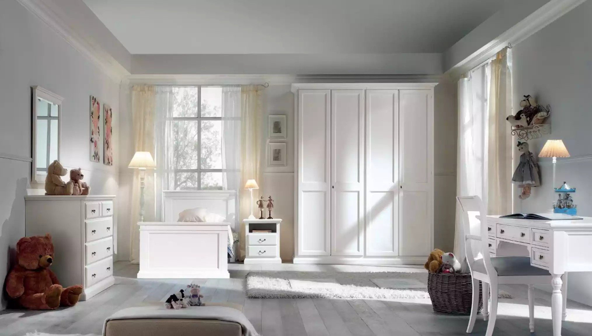 JVmoebel Jugendzimmer-Set Weißes Kinderzimmer Set aus nachhaltigem Holz mit Bett und Schrank, (5-tlg., Nur Bett + Nachttisch + Kleiderschrank + Kommode + Schreibtisch), Made in Europa