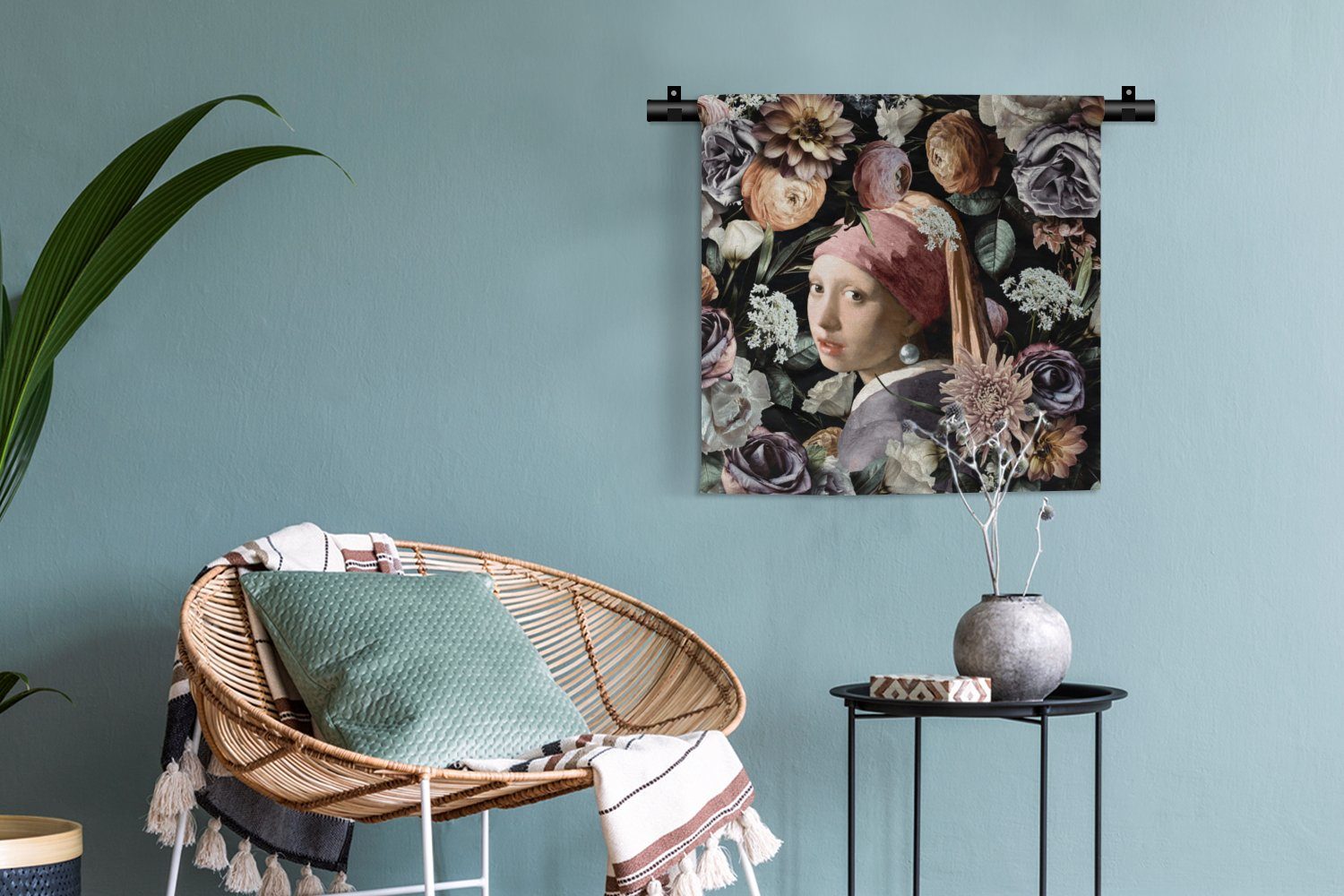 Wandbehang, Wanddekoobjekt Wohnzimmer, - Pastell Kleid, Blumen MuchoWow Kinderzimmer Vermeer - Kunstwerk für Schlafzimmer, Mädchen - - Perlenohrring -, mit Wanddeko