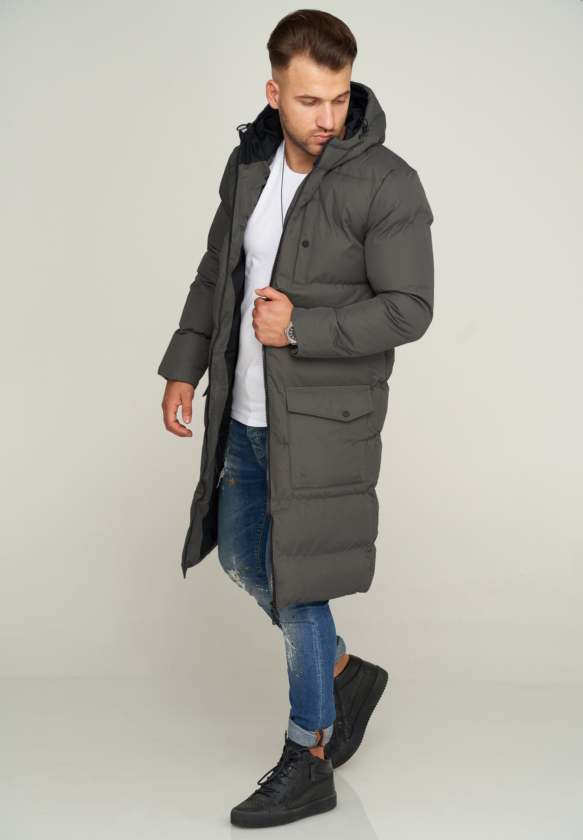 SOULSTAR Parka mit Kapuze als Langer Steppmantel - Winterjacke S2KANSK Herren warmer Wintermantel Pufferjacke Steppjacke
