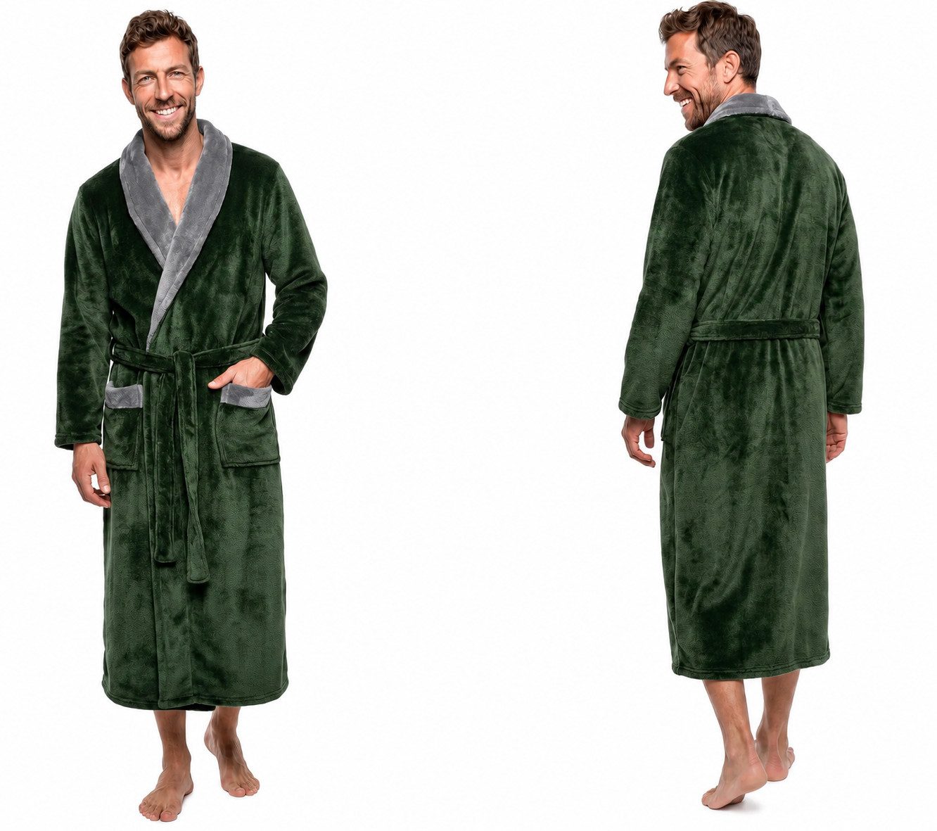 Rungassi Herrenbademantel Exklusiver Herren Bademantel Coral Fleece Grün-Grau Schalkragen 8218, 100 % Polyester – Bild 3 von 3