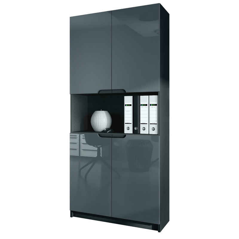 Vladon Aktenschrank Logan (Aktenschrank, mit 5 Fächern und 4 Türen) Schwarz matt/Grau Hochglanz (82 x 184 x 37 cm)