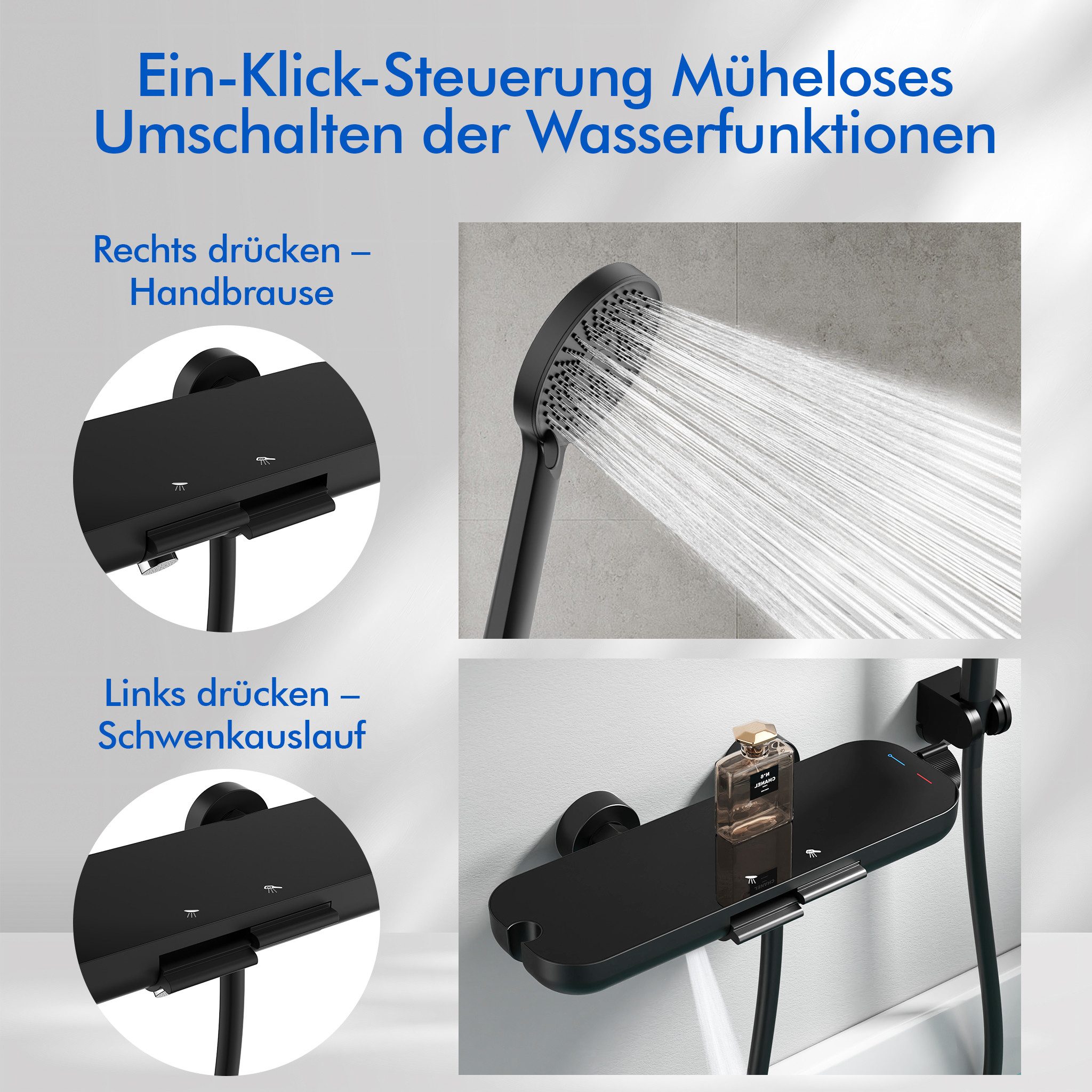 HOMELODY Duschsystem Badewannenarmatur mit Ablage 370 mm und 3-Funktions-Handbrause, Set, 2-Wege Umschaltung, schwenkbarer Auslauf, PVC-Schlauch 1500 mm – Bild 3 von 5