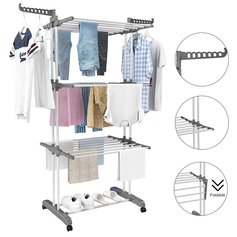 FANNOU Wäscheständer Turm mit 2 Drehbare Flügeln Verstellbarer Hoch 172cm, Platzsparend Clothes Drying Rack mit Rädern für Wohnung, Balkon