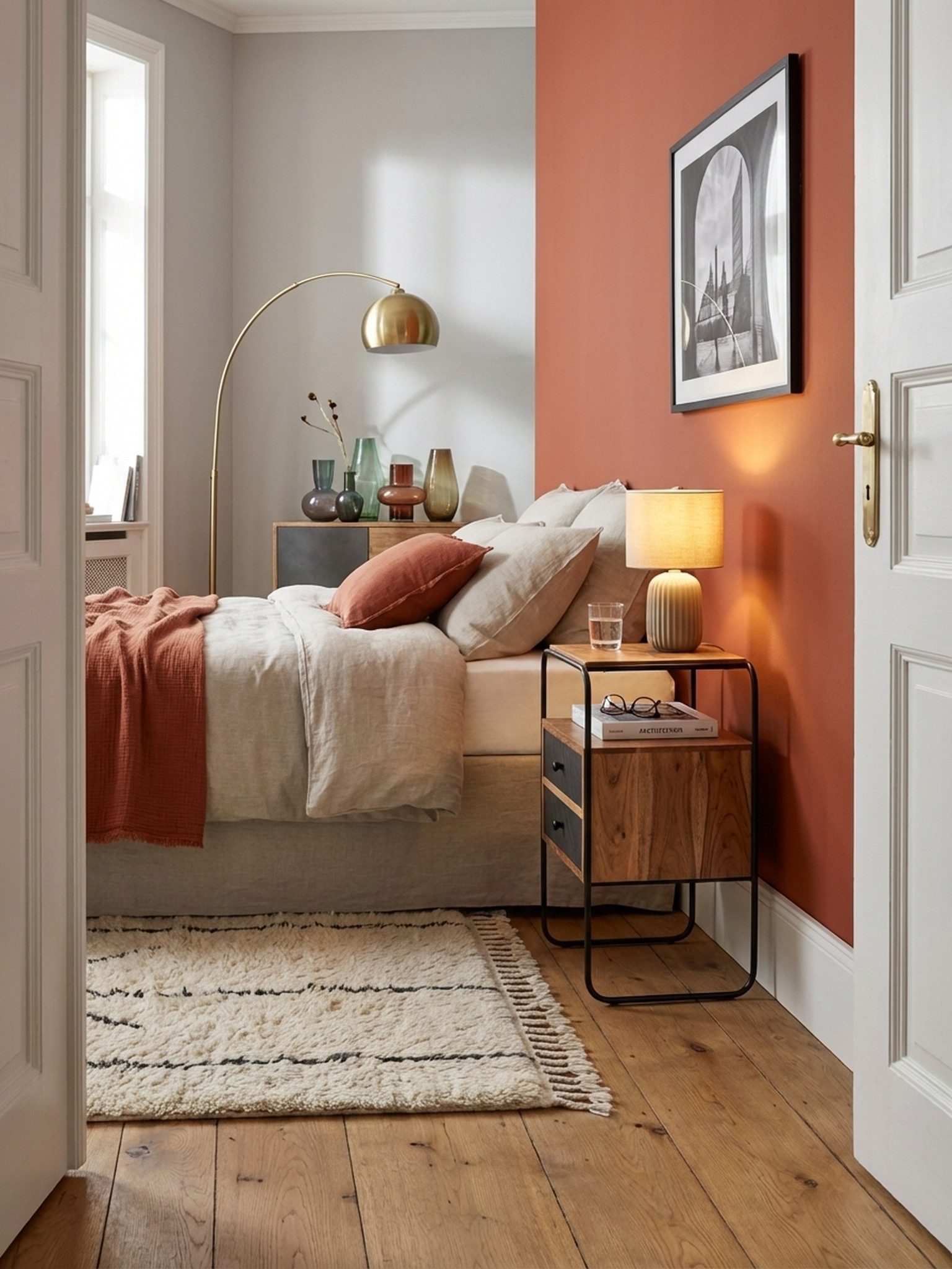 KADIMA DESIGN Nachttisch Nachttisch Akazie Massivholz / Steinoptik 40x60x30 cm Nachtschrank (Ablagefläche, Nachtkommode Stauraum & Metallgestell), Boxspringbett, Industrial Nachtkonsole Braun mit 2 Schubladen &