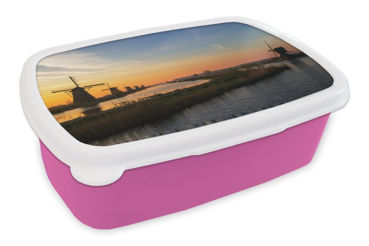 MuchoWow Lunchbox Windmühlen Kinder, Erwachsene, Snackbox, für Sonnenaufgang, Brotbox Kunststoff, bei (2-tlg), Kinderdijk Mädchen, Kunststoff Brotdose rosa in