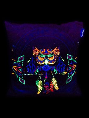 PSYWORK Dekokissen PSYWORK Schwarzlicht Kissen Neon "Sentymo Owl", 40x40cm, UV-aktiv, leuchtet unter Schwarzlicht