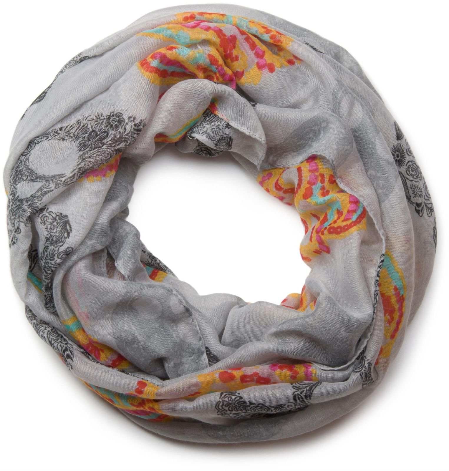 styleBREAKER Loop, (1-St), Loop mit Sugar Skull Totenkopf Print Grau