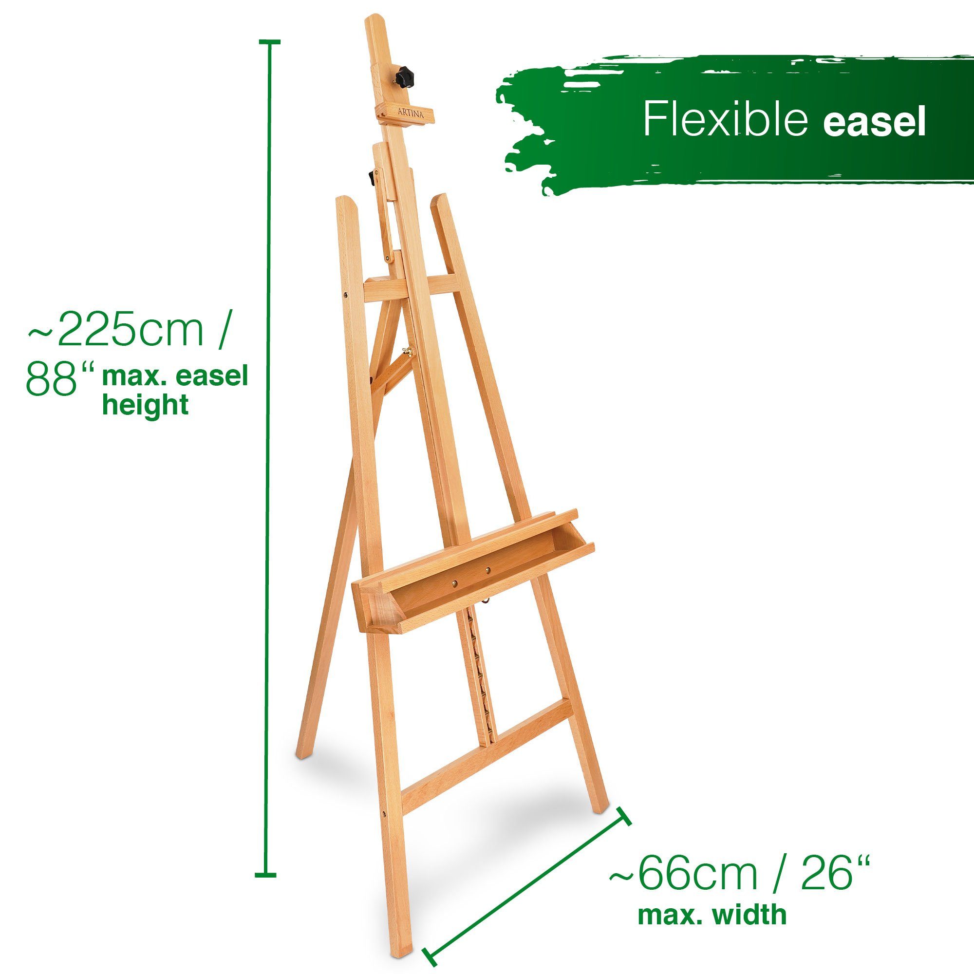Artina Staffelei Staffelei Holz Groß Barcelona bis 120cm - 225cm verstellbar, Holzstaffelei für Leinwände bis 120cm – 225cm höhe verstellbar Malstaf