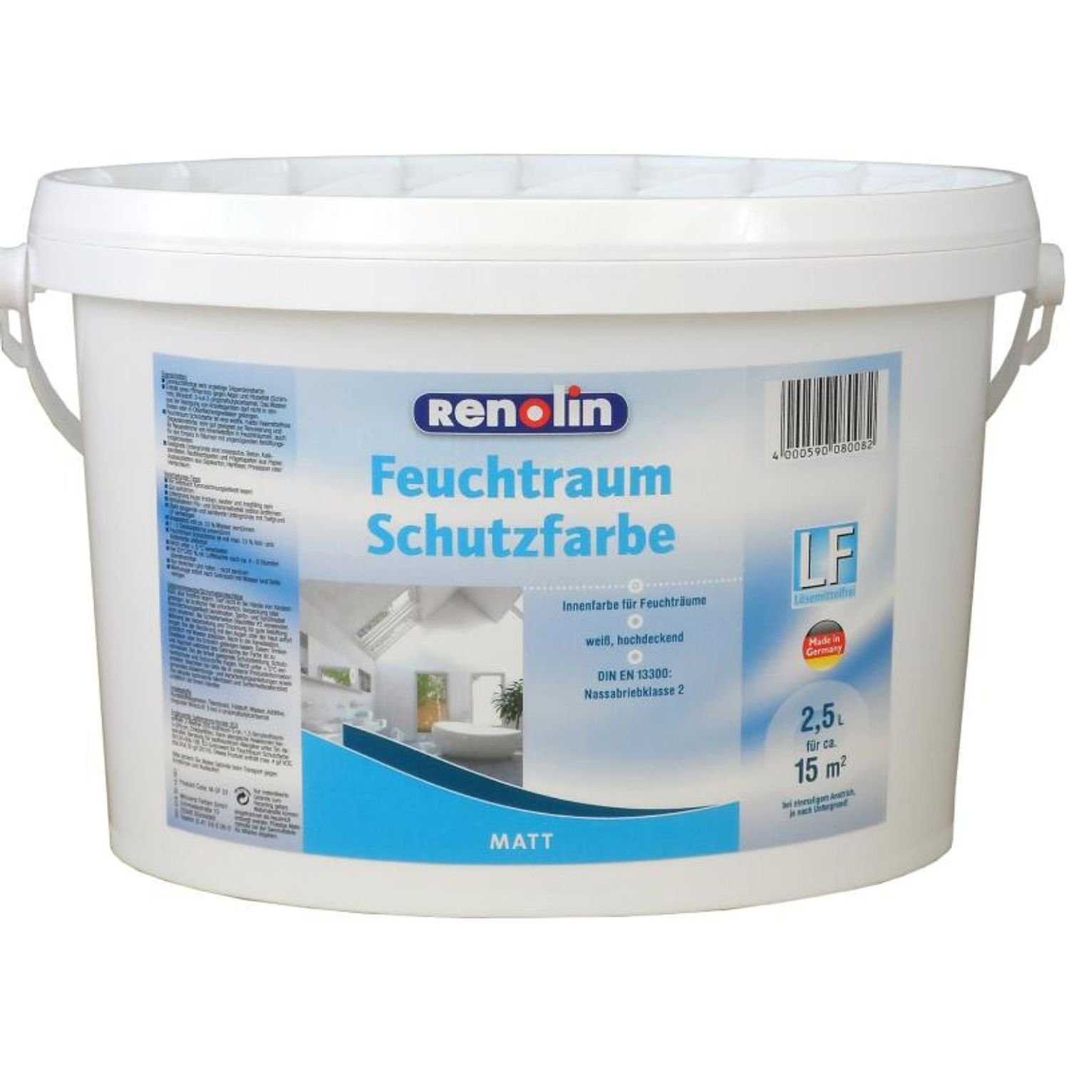 Vollton- und Abtönfarbe 2,5 Liter Renolin Feuchtraumschutzfarbe Innenraum weiß hochdeckend