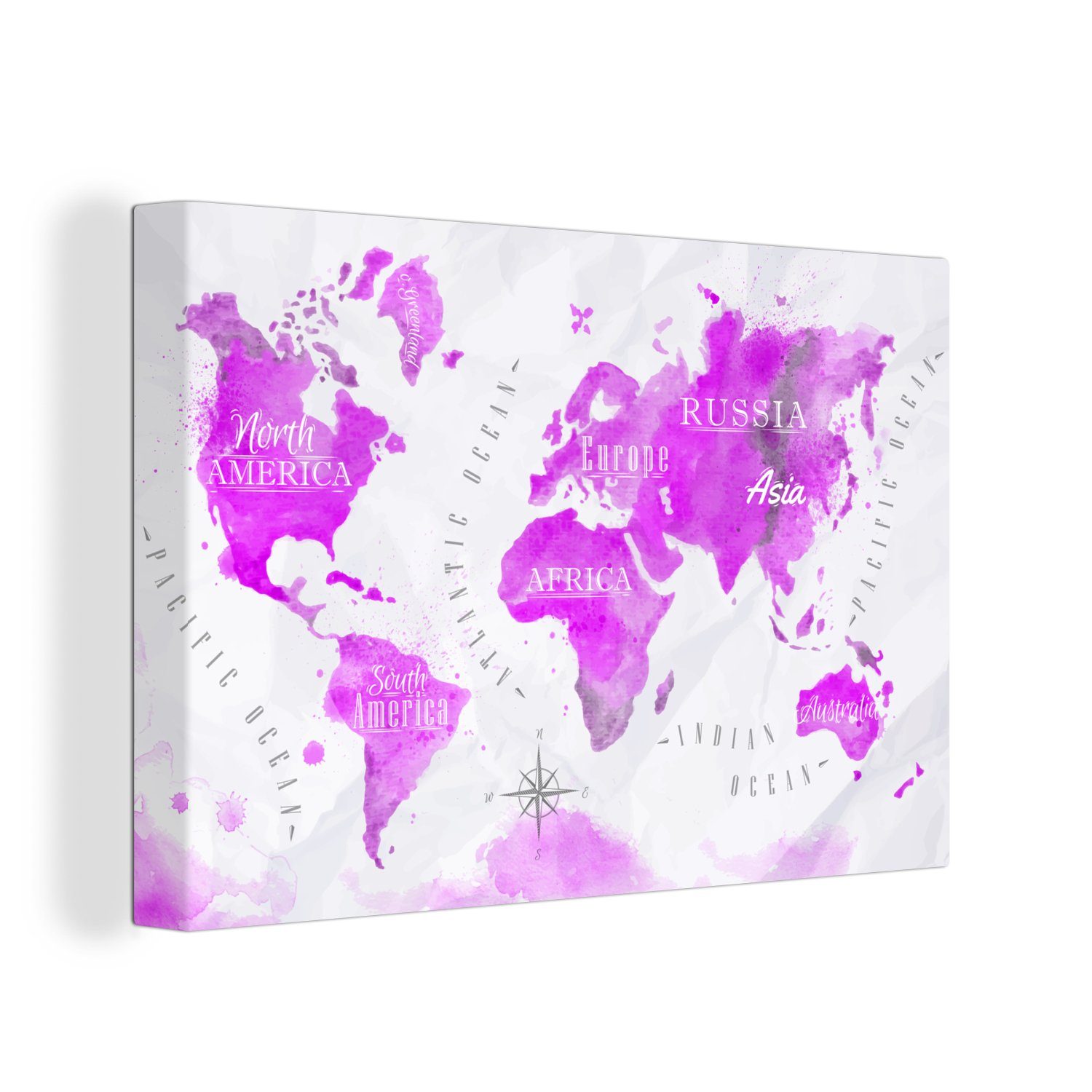 OneMillionCanvasses® Leinwandbild Weltkarte - Rosa - Ölfarbe, (1 St), Wandbild Leinwandbilder, Aufhängefertig, Wanddeko, 30x20 cm