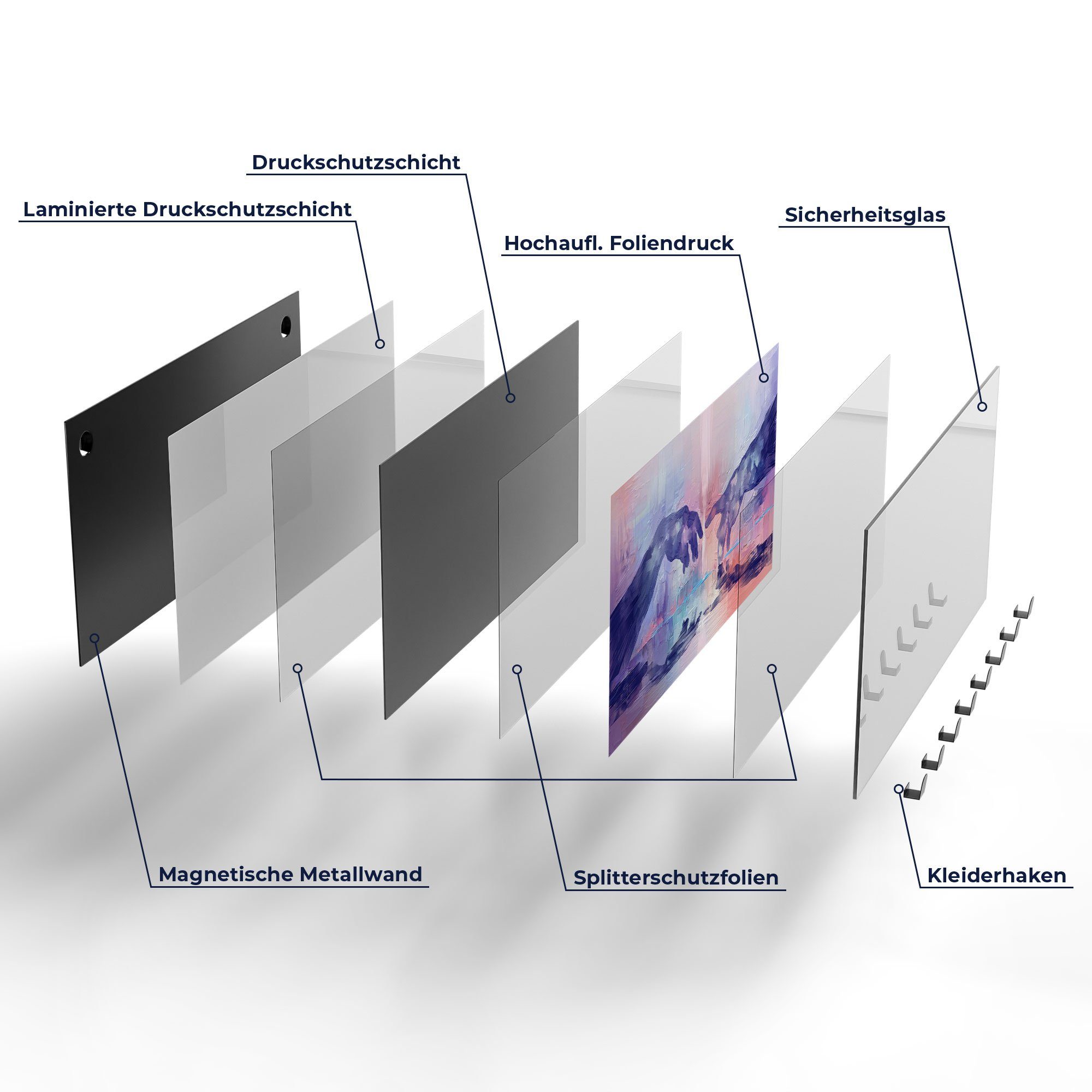 DEQORI Kleiderhaken 'Abstrakte, berühmte Hände', Paneel Garderobe Glas beschreibbar magnetisch