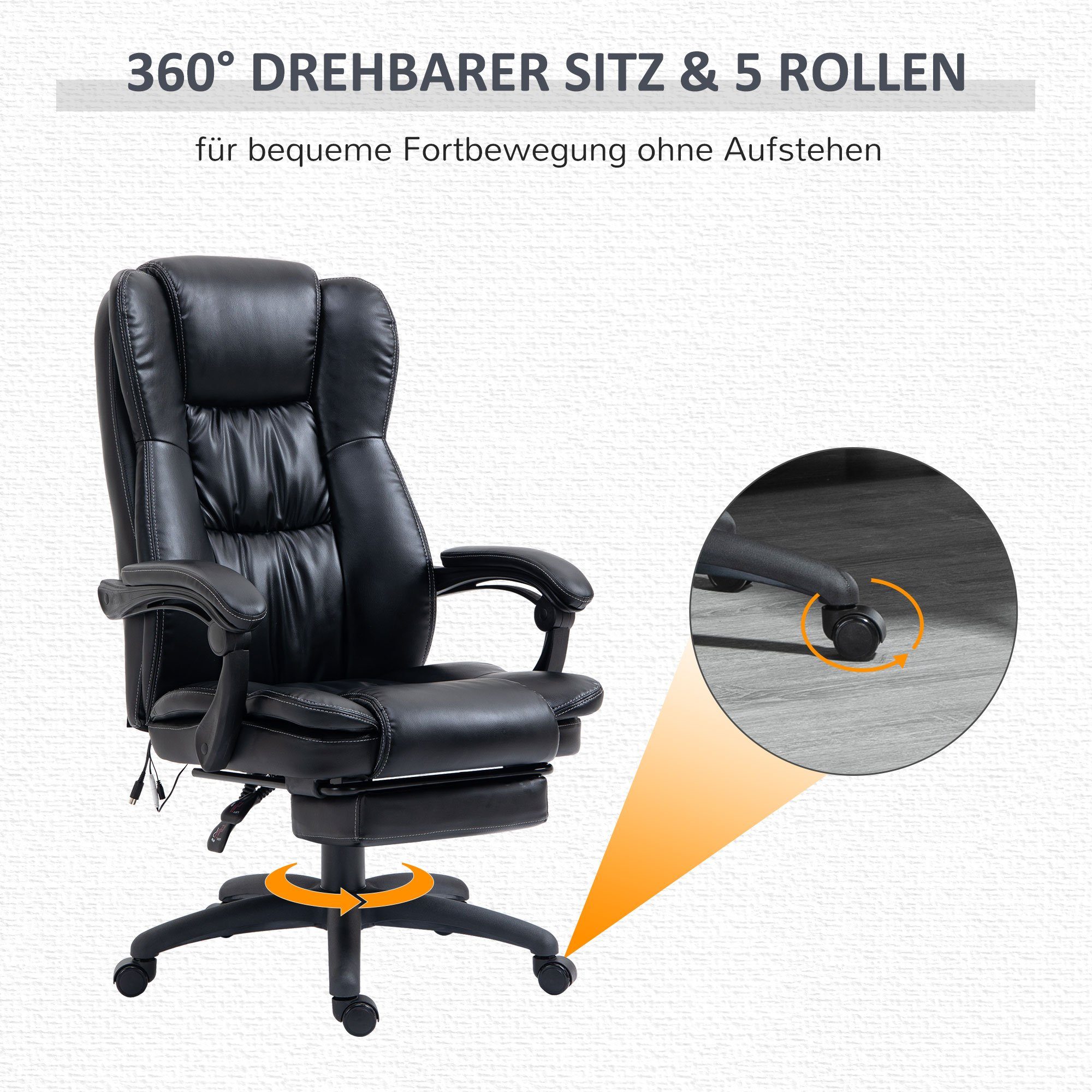 Drehstuhl mit (Bürosessel mit mit Rückenlehne, Schreibtischstuhl Schwarz St), Massage-Bürostuhl, Liegefunktion Vinsetto 6 1 Schwarz Massagefunktion Vibrationsköpfen, Fußstütze,