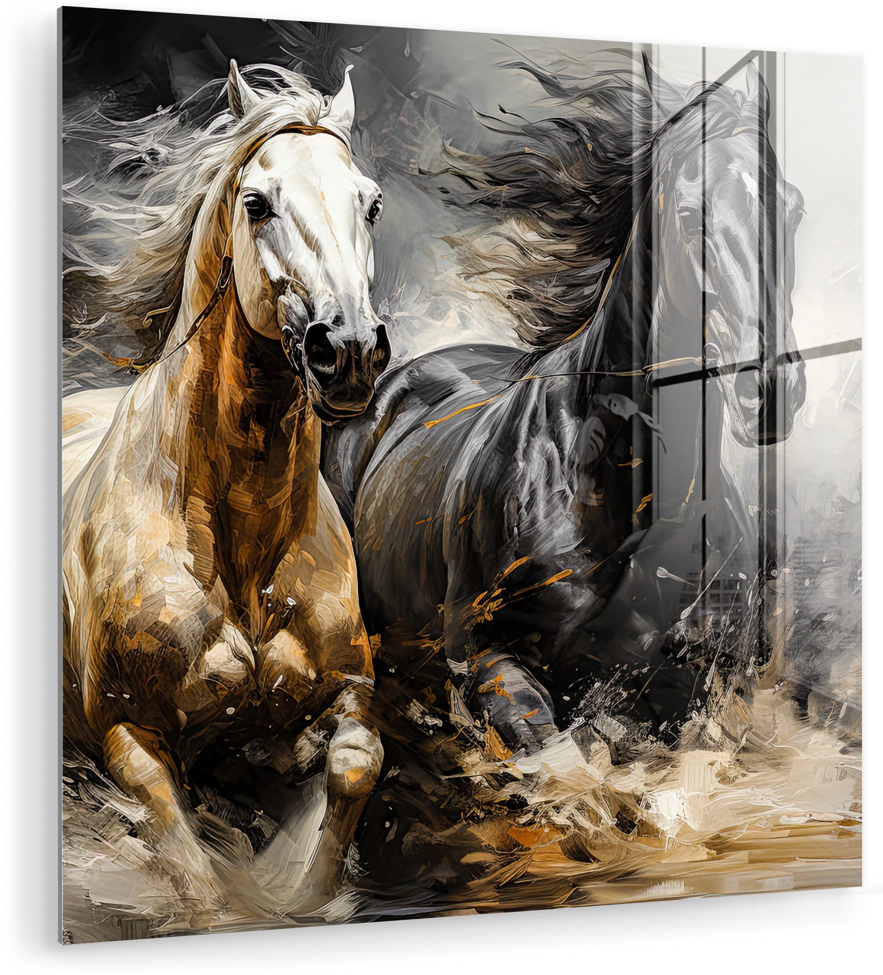 MuchoWow Acrylglasbild Pferde - Schwarz - Weiß - Tiere, Inkl. Aufhängung, Bilder auf Glas Wandbild, Wanddeko Wohnzimmer Badezimmer, 20x20 cm