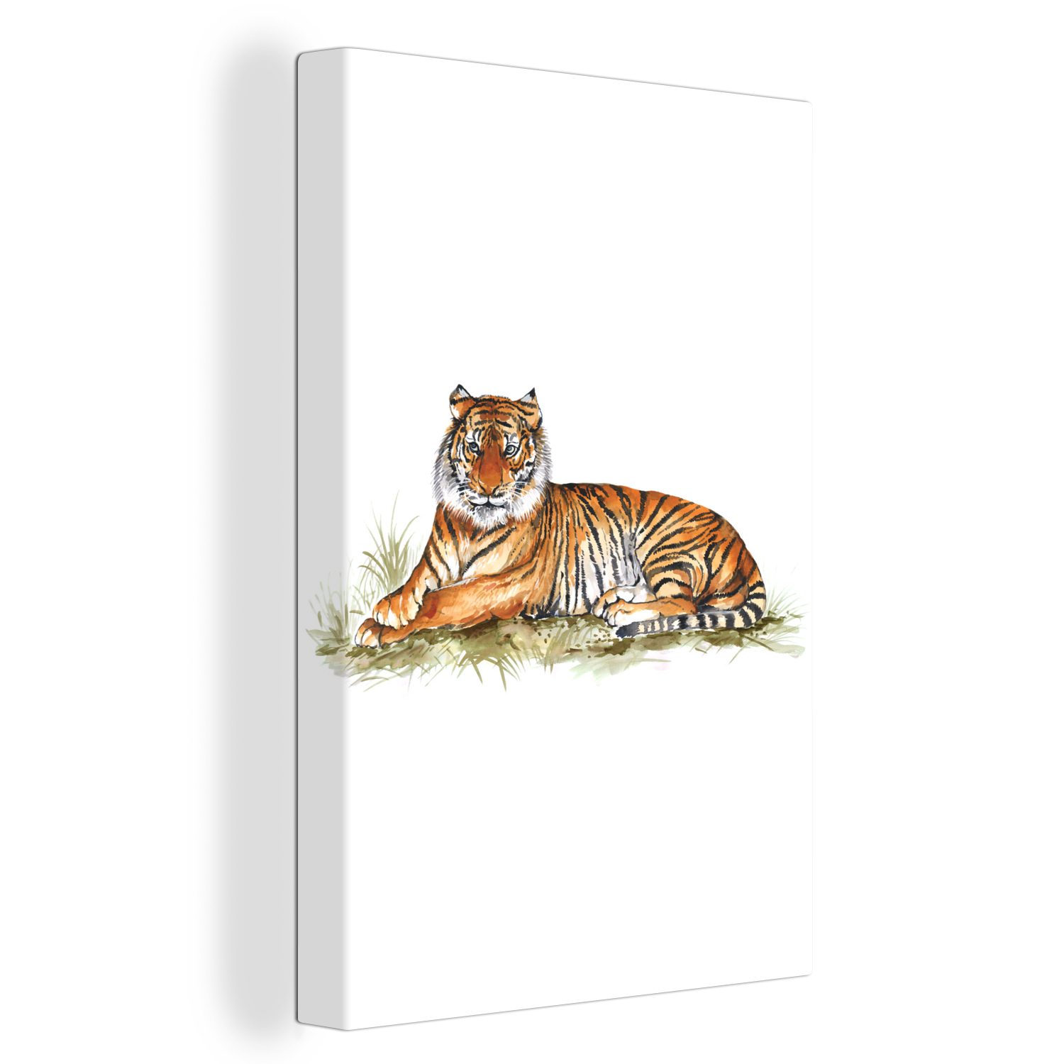 bespannt Leinwandbild - St), - Zackenaufhänger, 20x30 fertig cm (1 Bild Leinwandbild Tiger OneMillionCanvasses® inkl. Gras, Gemälde,