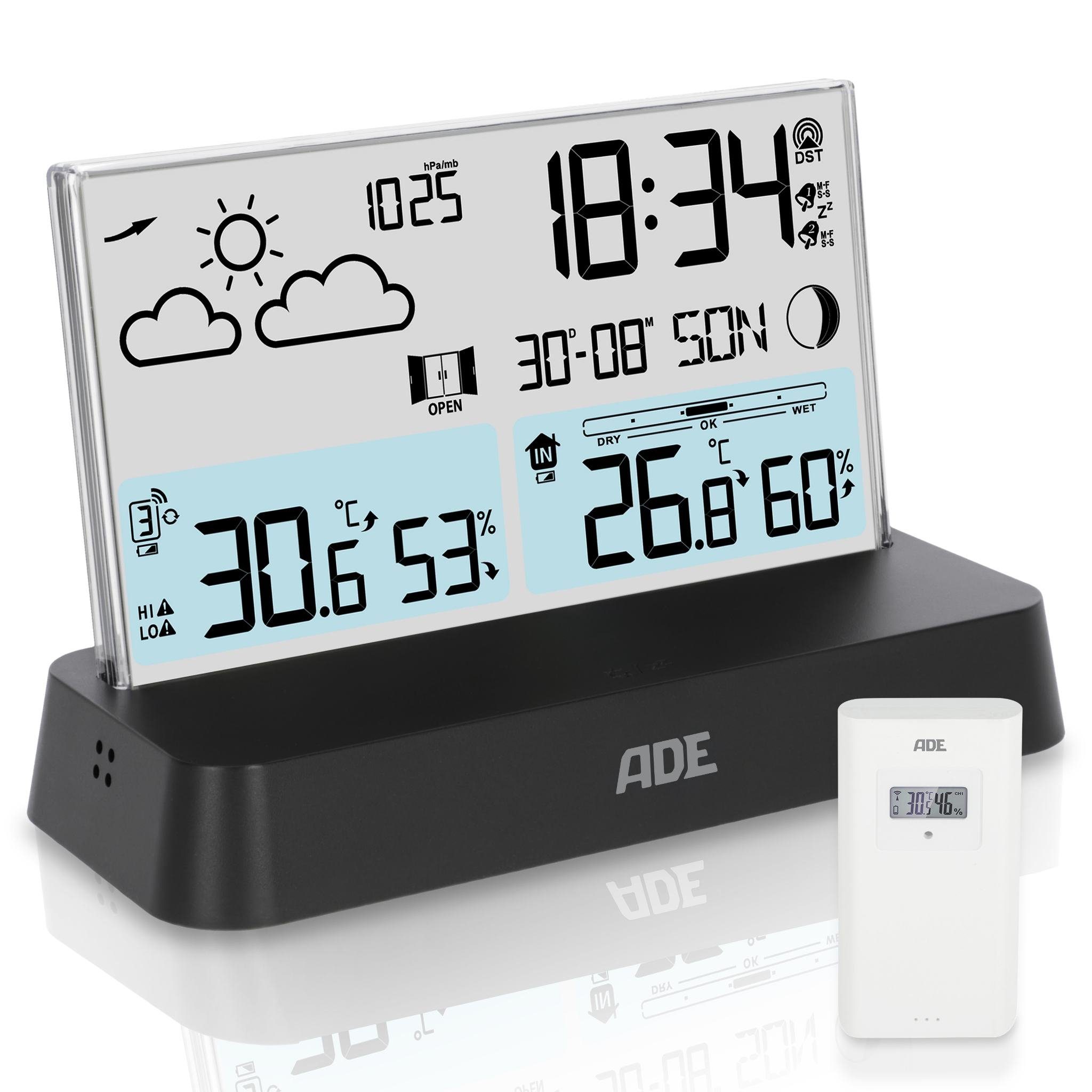 ADE Digitale Wetterstation Funk mit Außensensor Funkwetterstation (mit Vorhersage, Funkwecker, Beleuchtung, auffällige rahmenlose Optik)