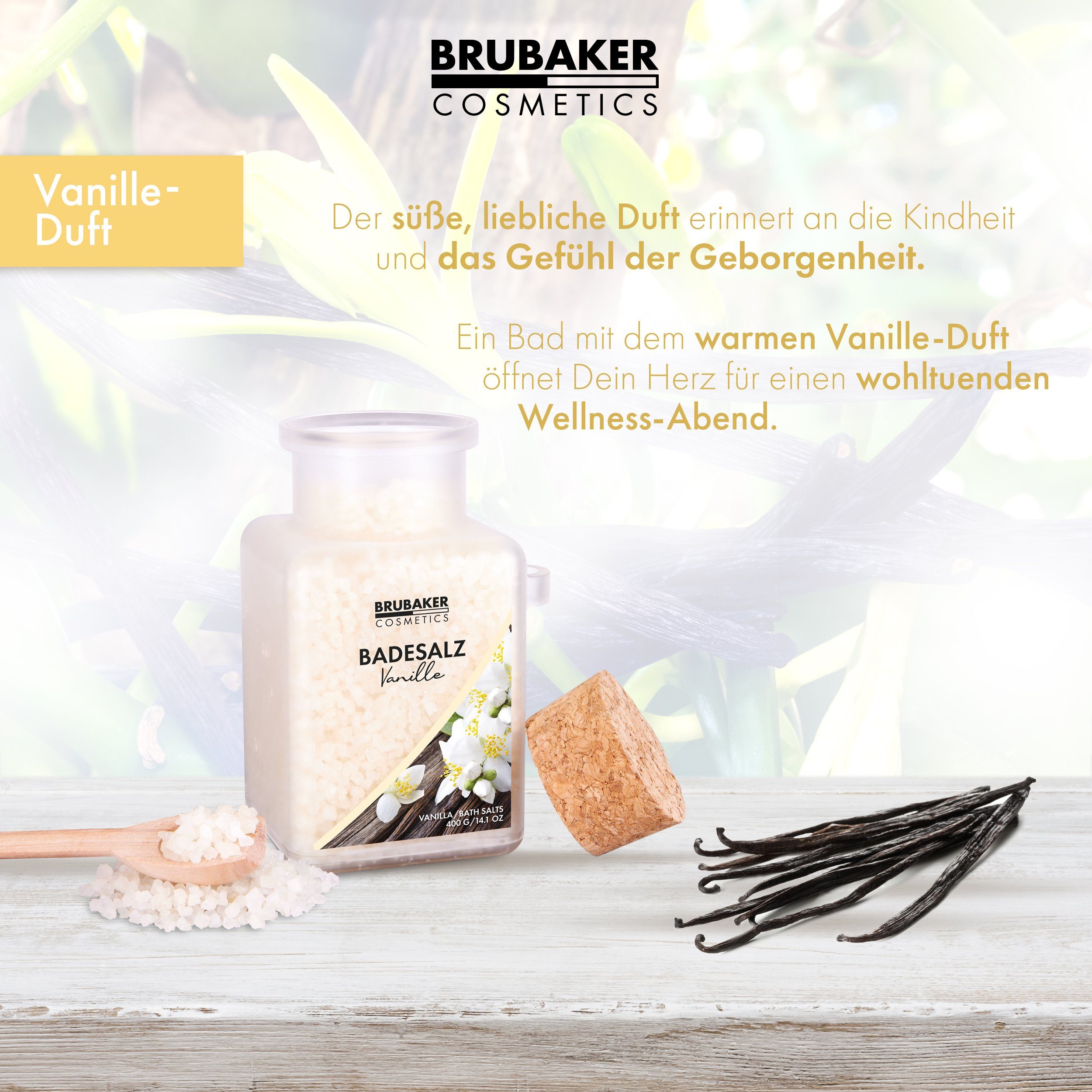 BRUBAKER Badesalz Vanille Duft - Körperpflege 1-tlg., Wellness und Baden natürlichen Badezusatz für Entspannung, mit Extrakten, Erholung