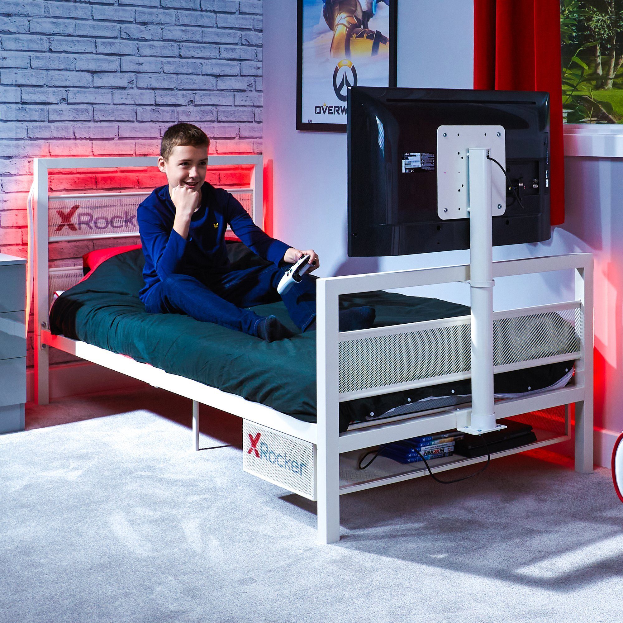 mit & Bett Metall für Kinder X TV-Halterung Basecamp Weiß Multimediabett Gaming Rocker Jugendliche