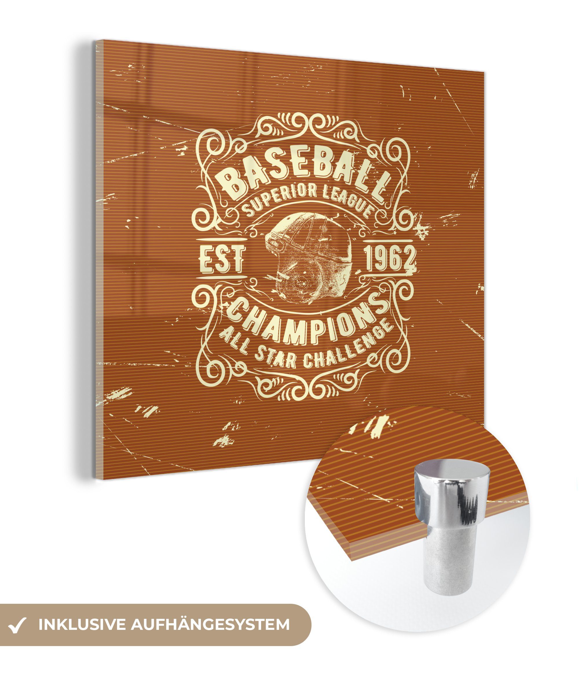 MuchoWow Acrylglasbild Jahrgang - Baseball - Braun, (1 St), Glasbilder - Bilder auf Glas Wandbild - Foto auf Glas - Wanddekoration