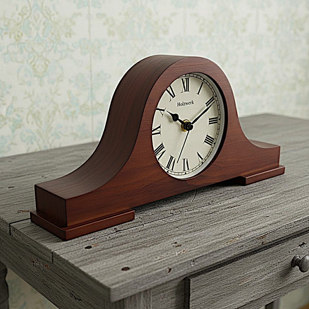 Holzwerk Tischuhr Nostalgische Retro Vintage Tisch Uhr Nahezu lautloses Uhrwerk, römische Ziffern, Quarzuhrwerk