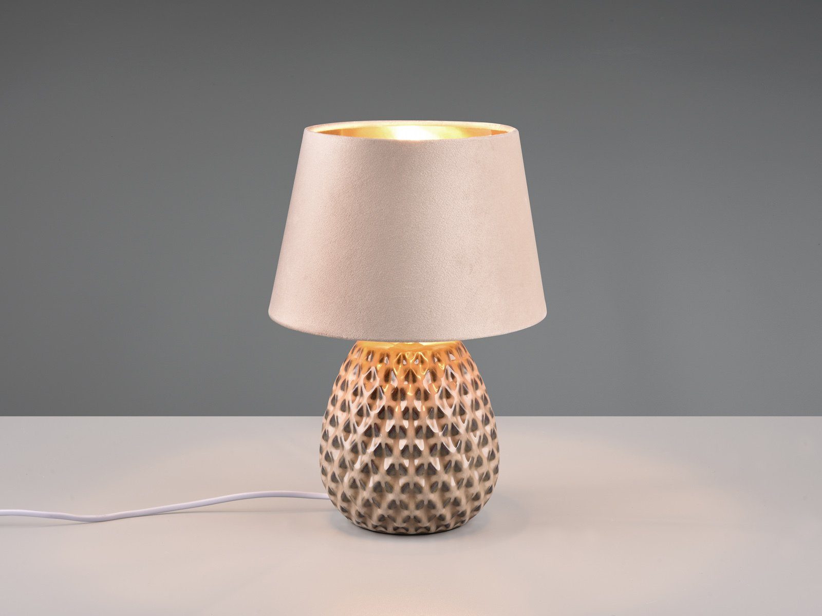 meineWunschleuchte LED Nachttischlampe, LED wechselbar, warmweiß, dimmbar Designer Lampenschirm Samt & Keramik-fuß Gold-en, Höhe 35cm