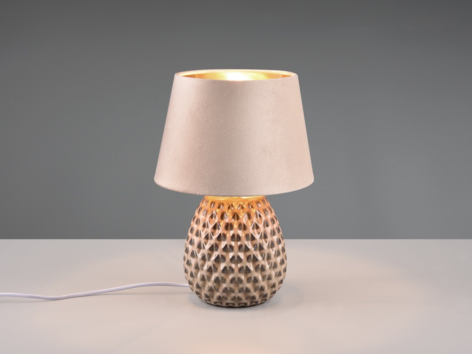 35cm Keramik-fuß Gold-en, Designer dimmbar & LED wechselbar, Höhe LED Nachttischlampe, Samt warmweiß, meineWunschleuchte Beige/Gold Lampenschirm