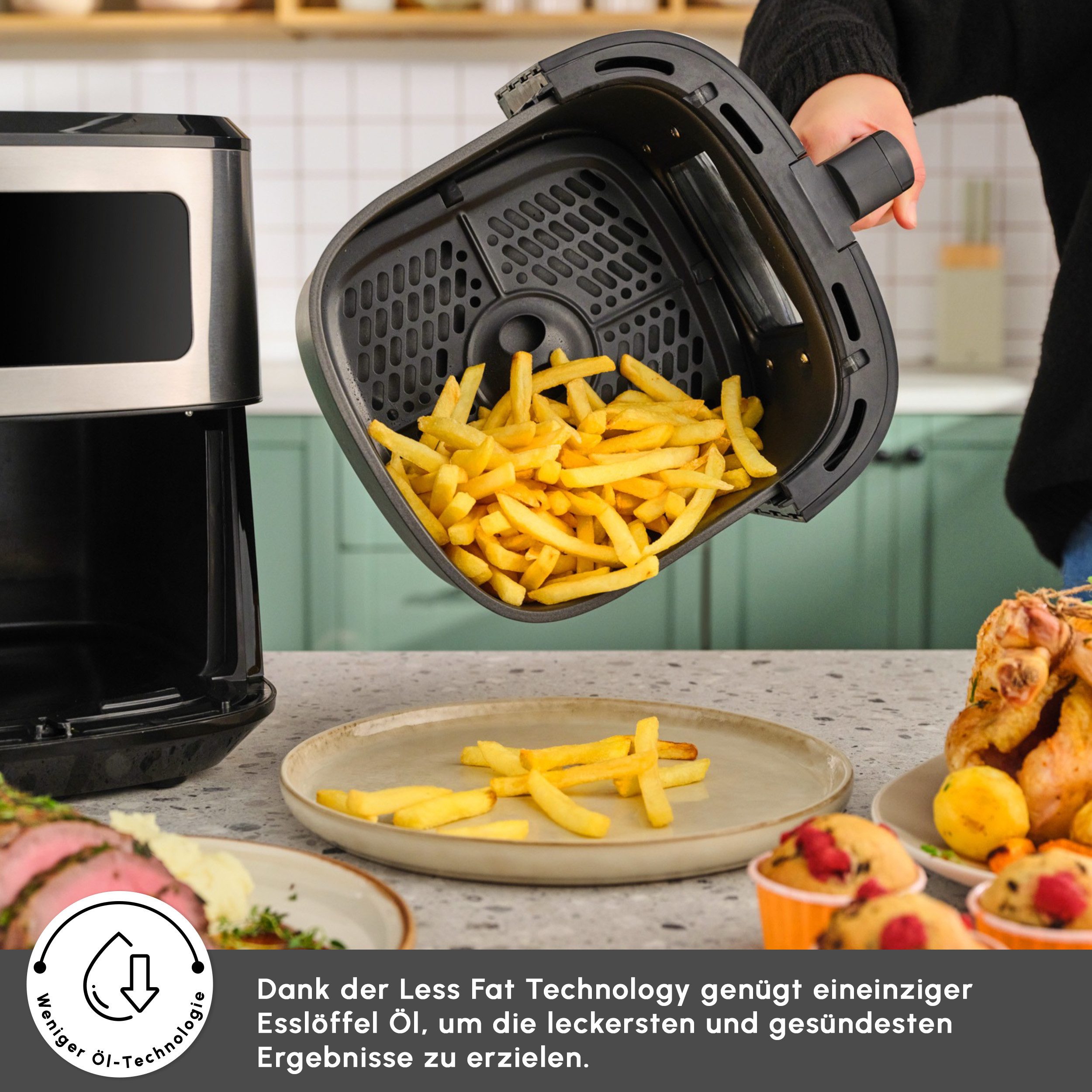 Karaca Heißluftfritteuse, Multifry Inox XXL Heißluftfritteuse, 7L Airfryer mit Fenster